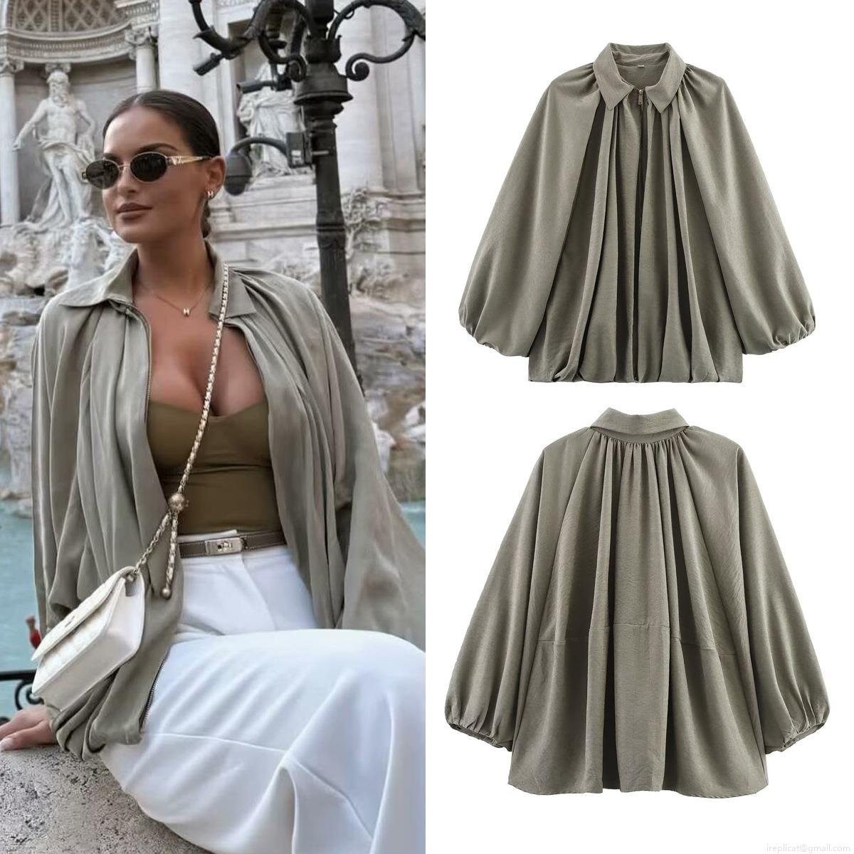 Women European Style Moss Green Puffy Bomber Jacket 100% Polyester Lapel Zipper Lantern Sleeve Loose Fit Pleated Shoulder Outerwear Streetwear For Women