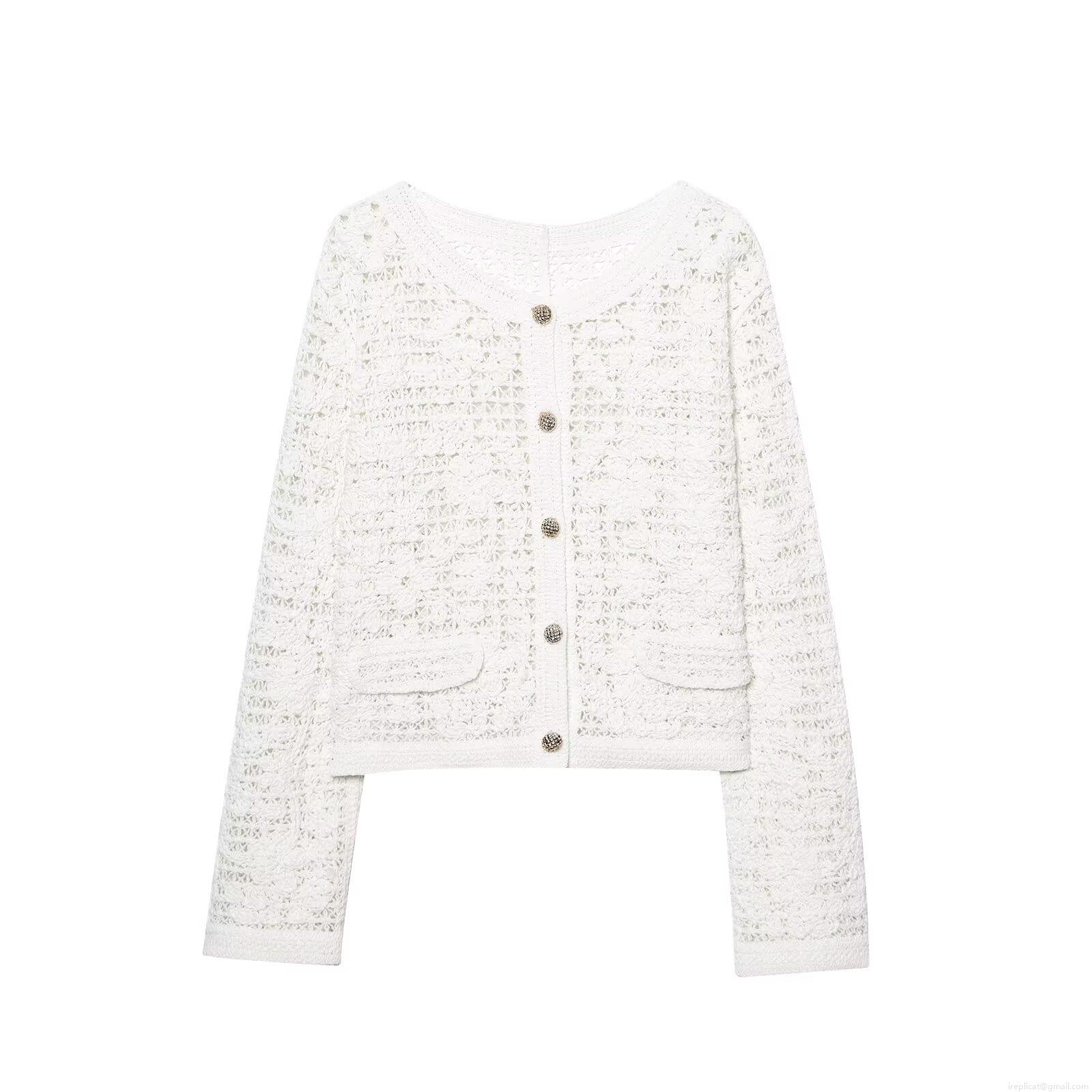 Women's Hollow Out Crochet Knitted Jacket Round Neck Single Breasted Long Sleeve See-through Cardigan Streetwear Party Breathable Polyester White Outerwear