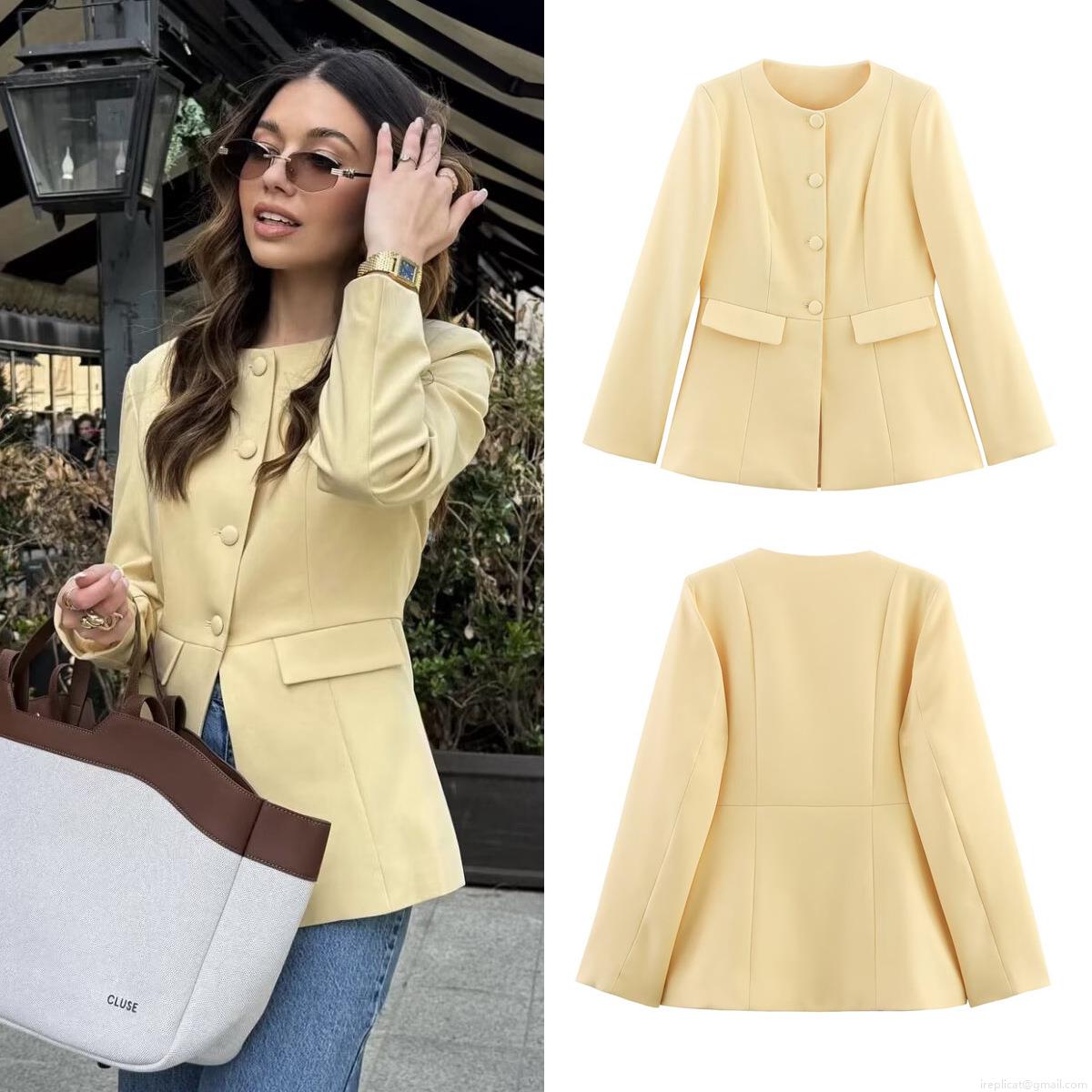 Women's Elegant Round Neck Long Sleeve Blazer Solid Color Single Breasted Polyester Twill Jacket For Office Lady Commute Autumn Outerwear