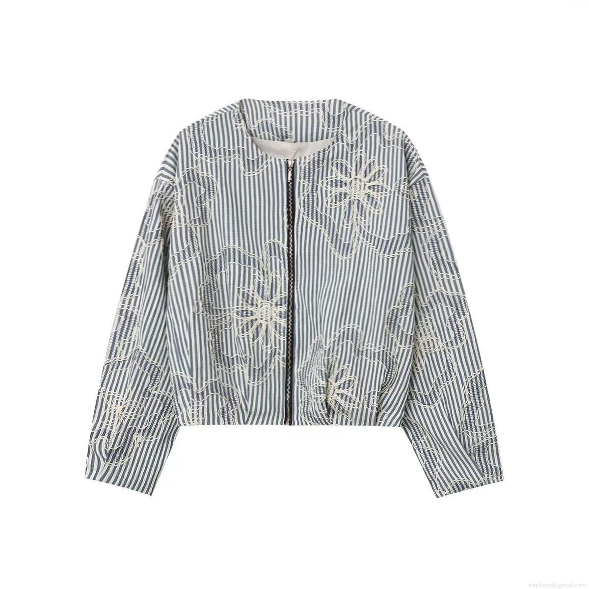 Women's Striped Embroidery Jacket Floral Pattern Zipper Front Long Sleeve Polyester Outerwear Coat For Casual Streetwear Autumn