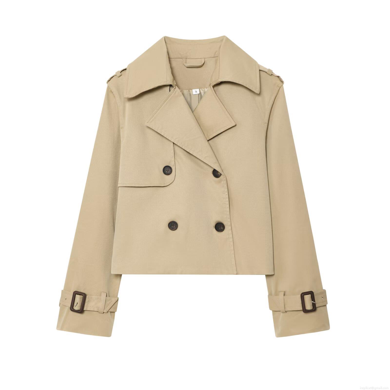 Women's Short Trench Coat Jacket Double Breasted Lapel Windbreaker With Epaulettes Khaki Solid Color Polyester Long Sleeve Streetwear Outerwear For Lady