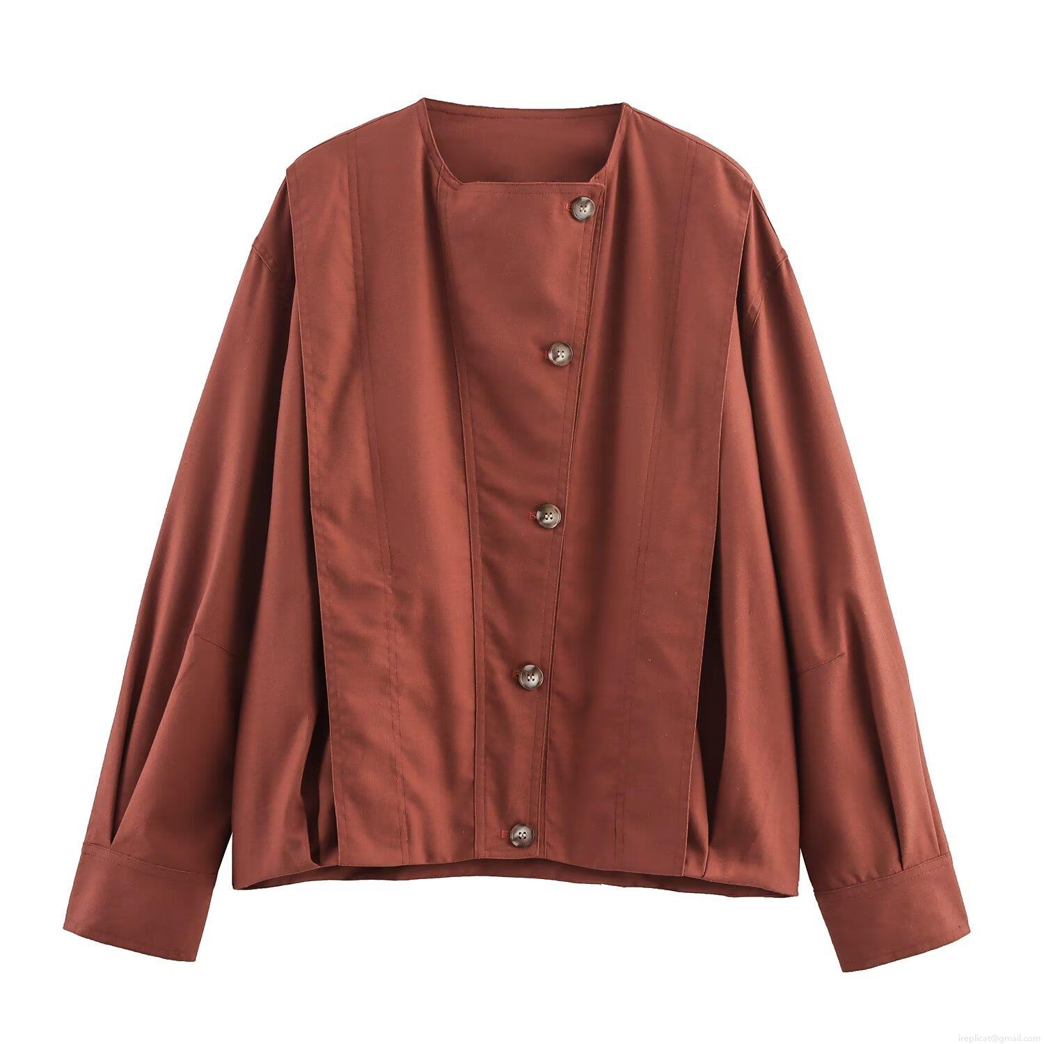 Women's Fashion Brick Red Asymmetric Button Pleated Jacket European Streetwear Solid Polyester Long Sleeve Baseball Coat With Box Pleat Back