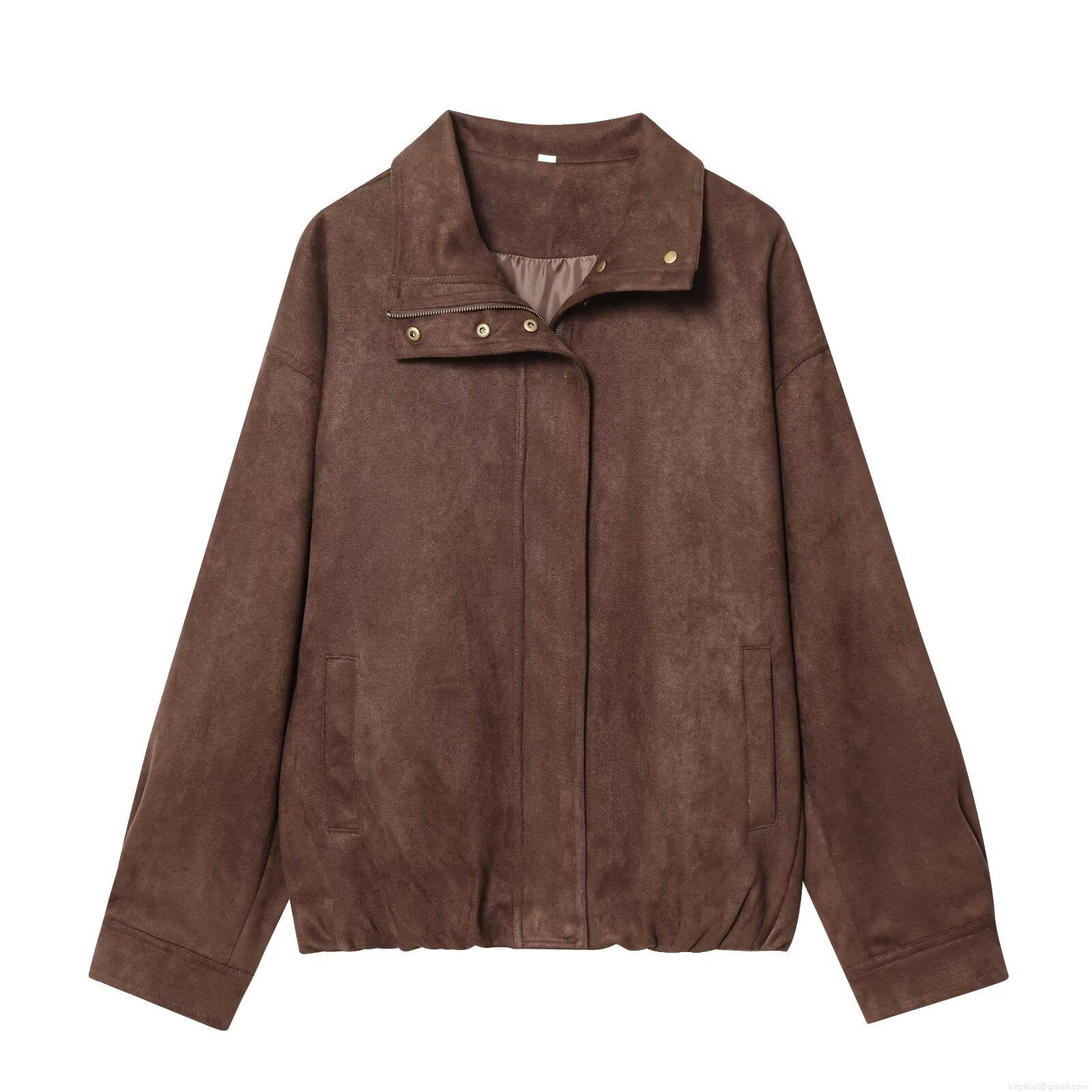 Women's Casual Suede Texture Jacket Streetwear Stand Collar Patchwork Long Sleeve Loose Fit Outerwear Metal Buttons Dark Brown Solid Color Autumn Coat