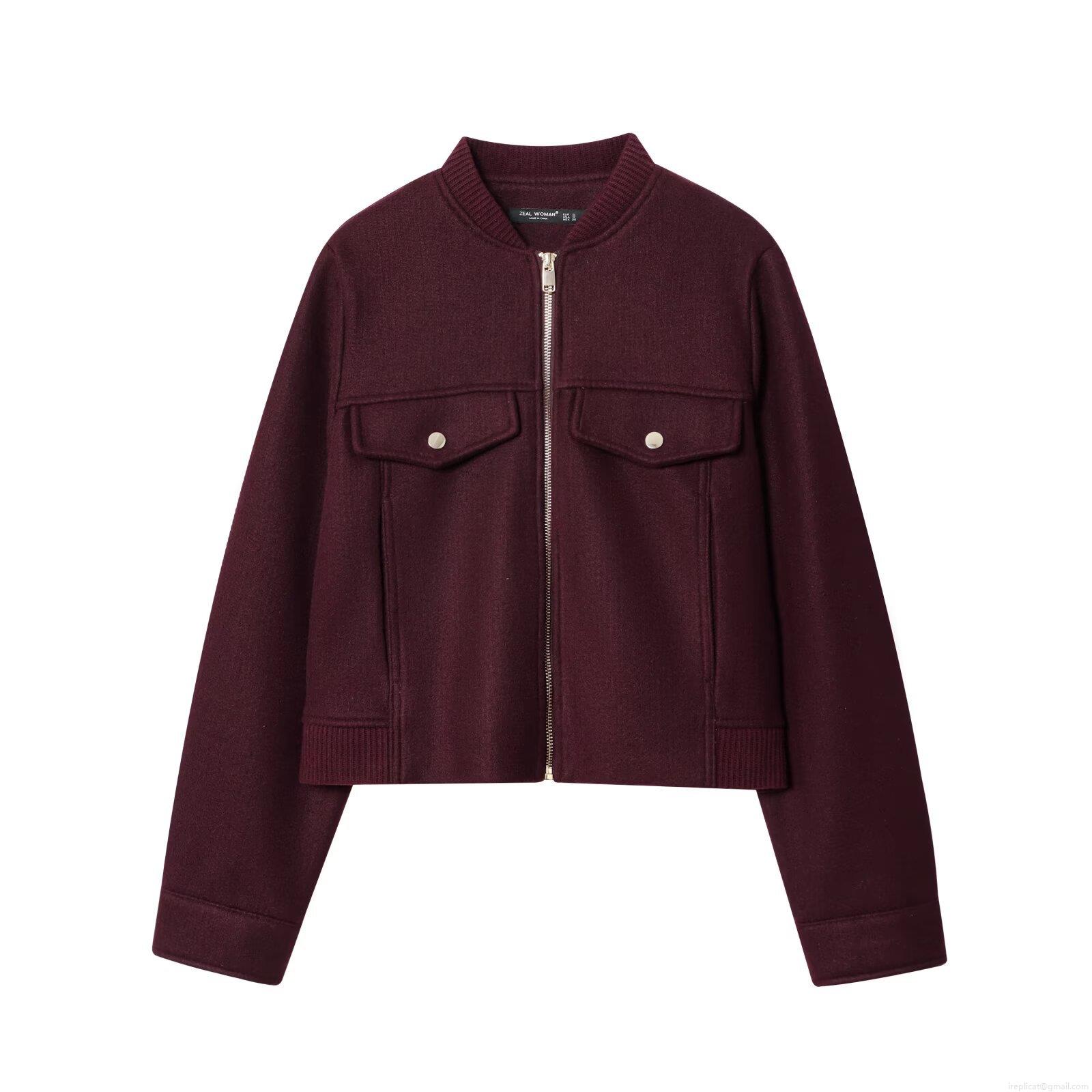 Women's Short Bomber Jacket 100% Polyester Burgundy Zipper Long Sleeve Pocket Outerwear Streetwear Casual Coat For Autumn Winter