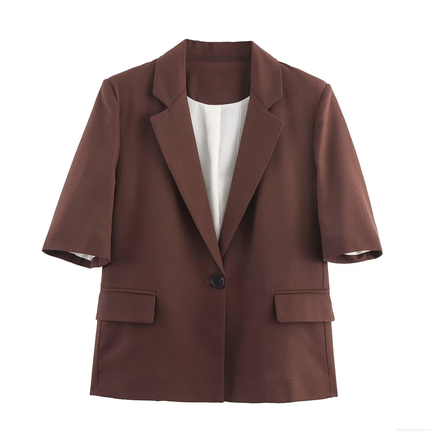 Women's Short Sleeve Blazer Jacket Solid Color Lapel Collar Single Button Outerwear With Flap Pockets Casual Individual Street Style Fashion Dark Brown Coat For Autumn