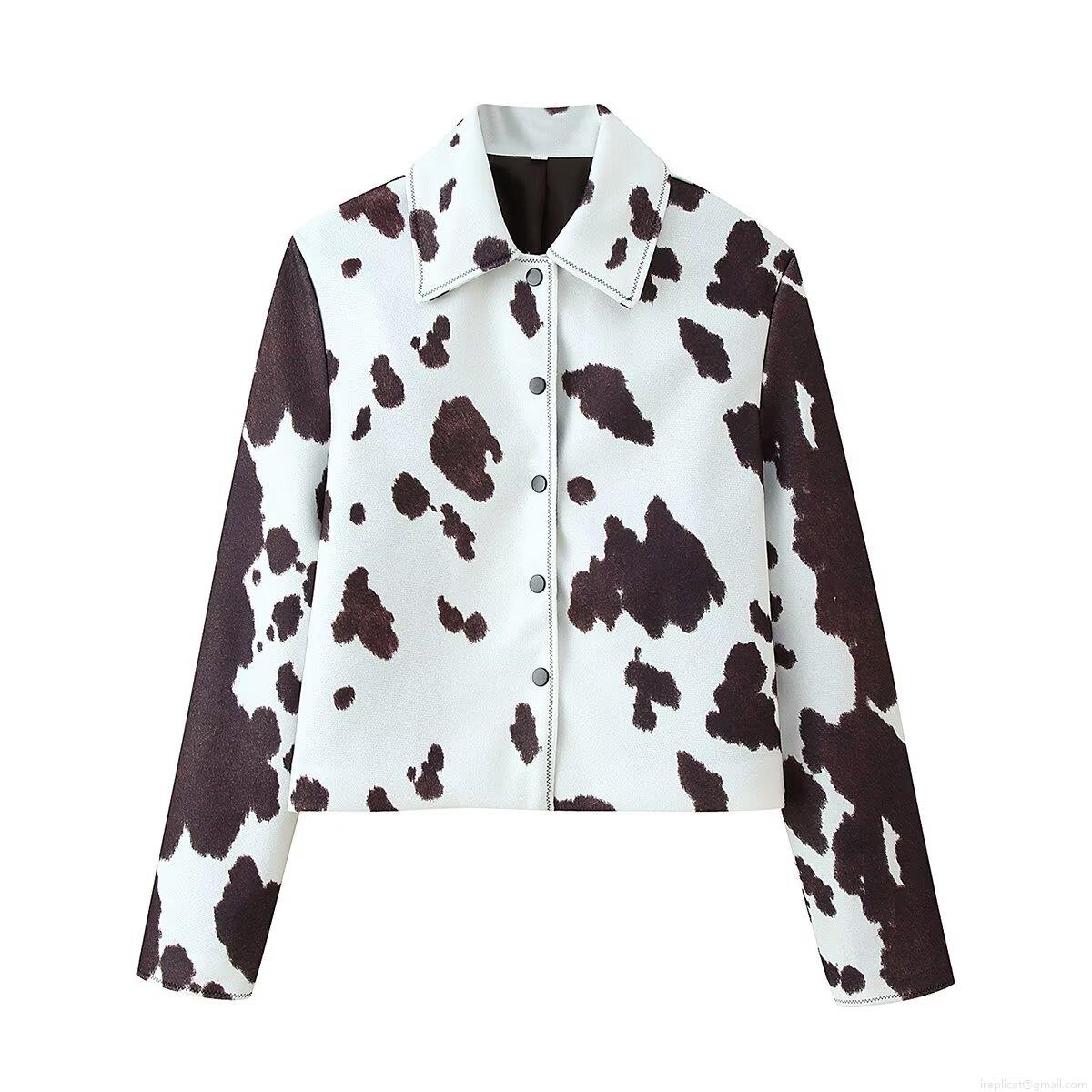Women's Cow Print Lapel Long Sleeve Jacket Polyester Patchwork Street Style Button Down Baseball Uniform Outerwear Coat For Autumn