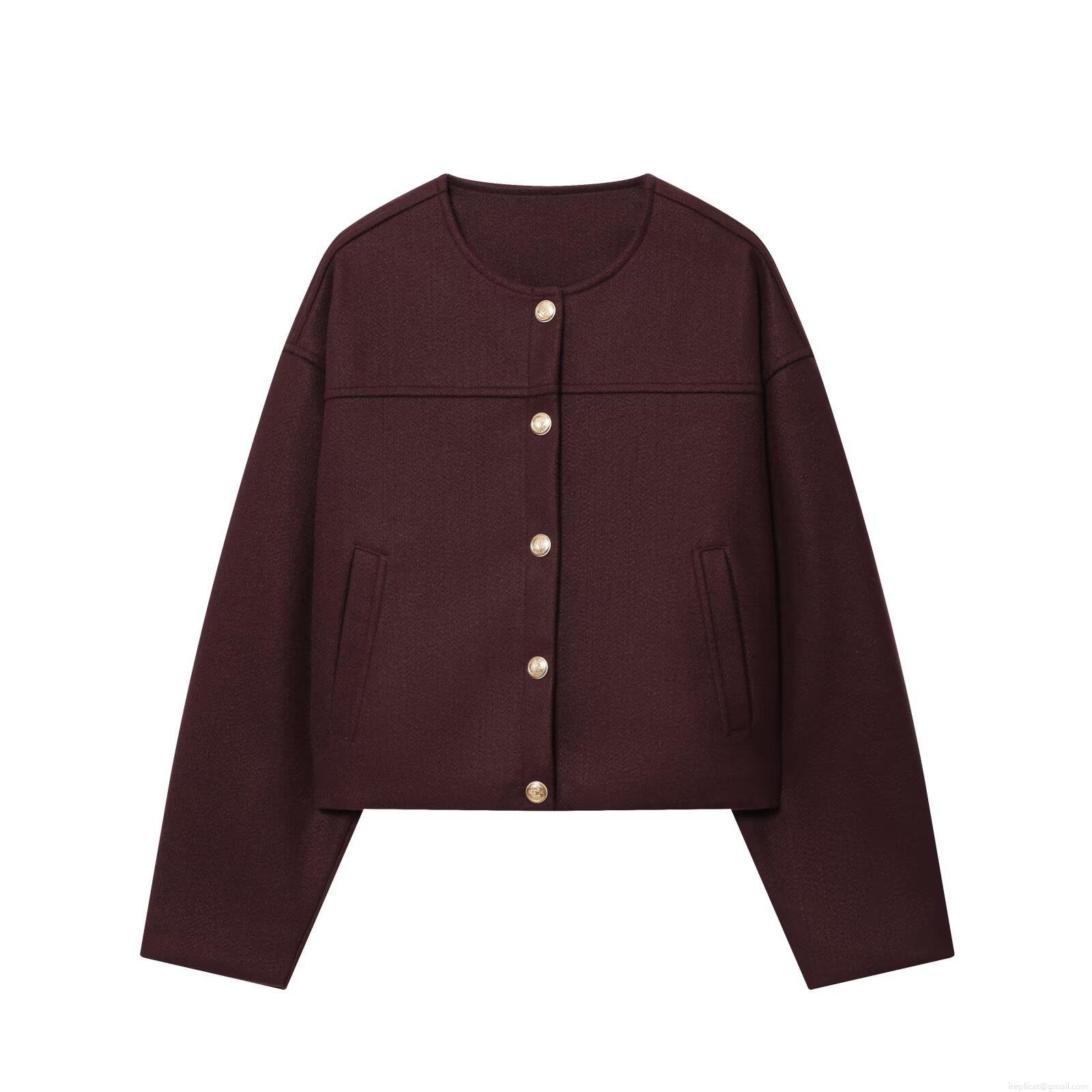 Women Vintage Burgundy Woolen Texture Jacket Gold Button Round Neck Loose Short Coat Autumn Streetwear Fashion Baseball Uniform Long Sleeve Outwear