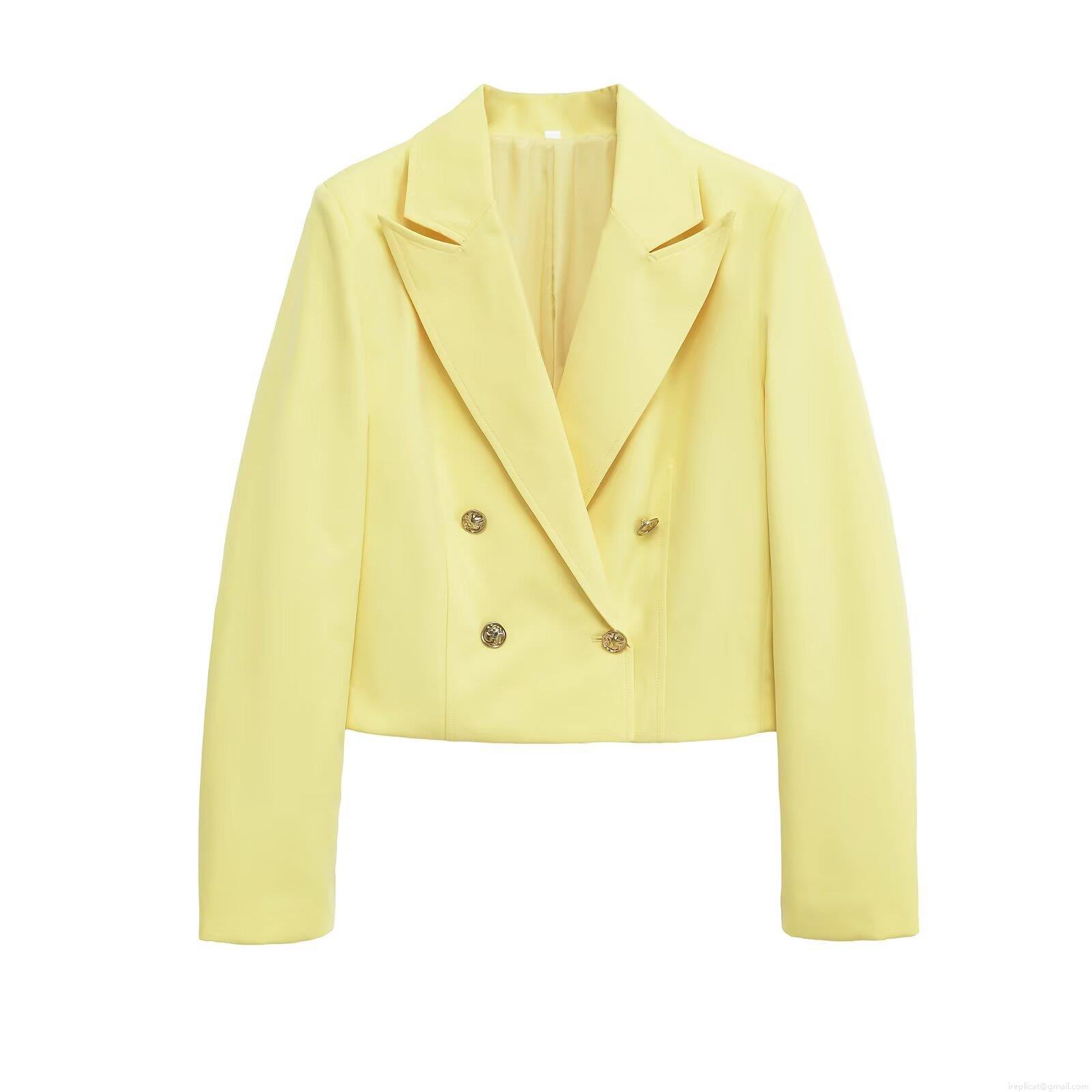 Women's Casual Short Blazer Jacket 100% Polyester Double Breasted Notch Lapel Solid Yellow Outerwear for Streetwear Office Lady