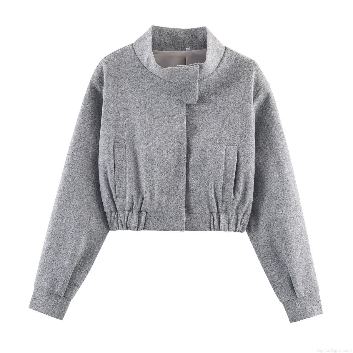 Women's Gray Short Woolen Like Jacket Stand Collar Long Sleeve Loose Fit Casual Button Up Outerwear Coat For Autumn Streetwear Fashion