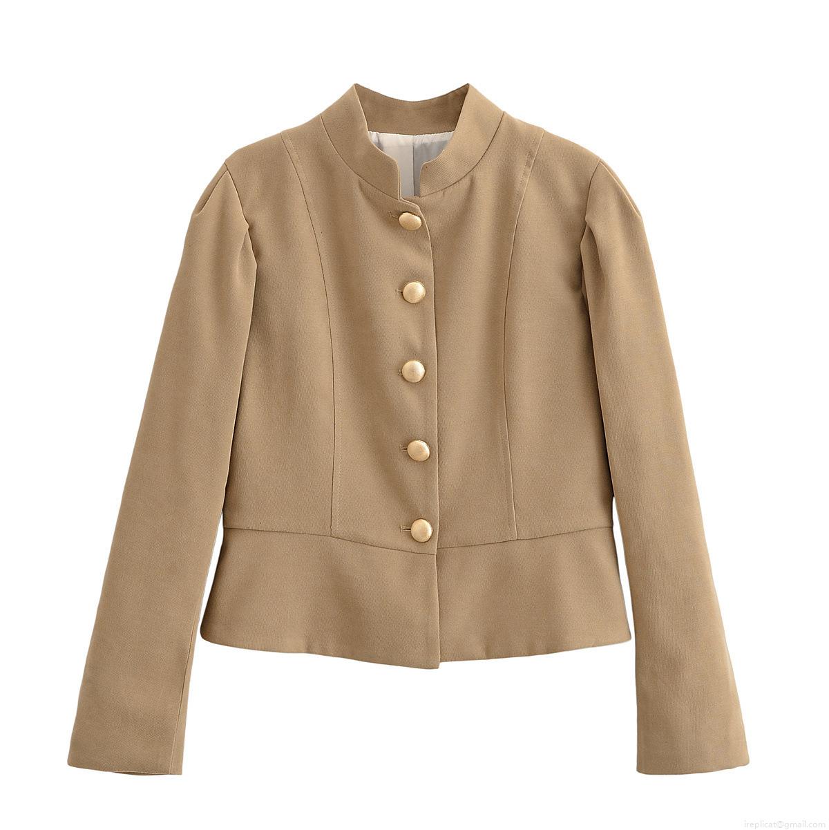 Women's Khaki Slim Fit Stand Collar Jacket 100% Polyester Long Sleeve Single Breasted Coat With Golden Buttons Ruffle Hem Peplum Outerwear For Autumn Ladies Elegant Short Blazer