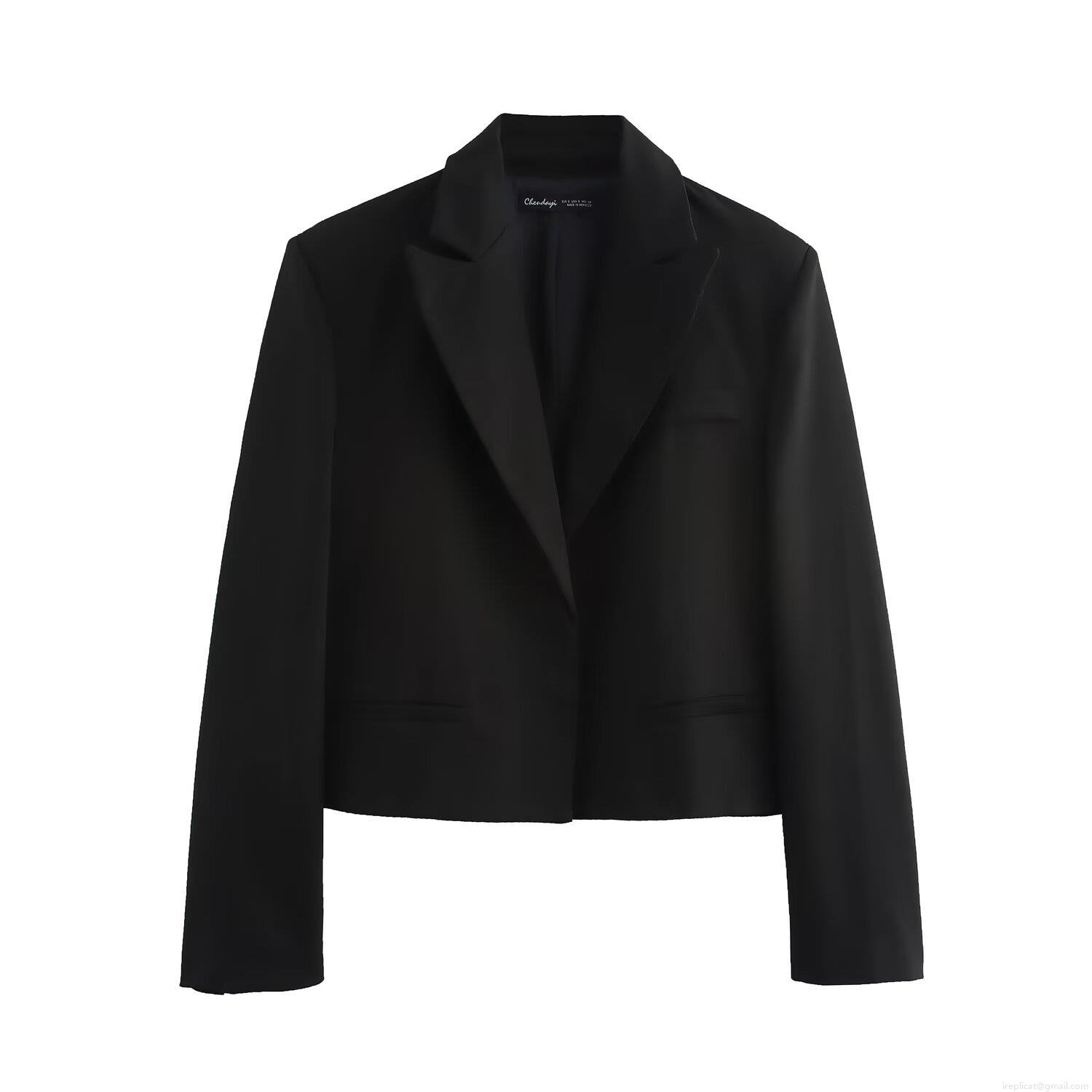 Women's Short Blazer Jacket Polyester Lapel Long Sleeve Solid Black Slim Fit Casual Streetwear Crop Suit Coat