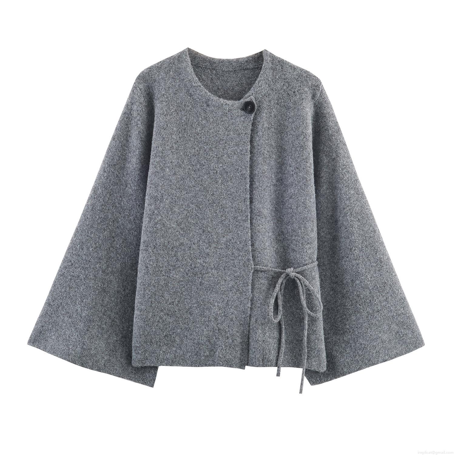 Women's Grey Woolen Texture Cape Coat Round Neck Single Button Side Tie Design Loose Long Sleeve Jacket Autumn Winter Minimalist Western Style Outerwear