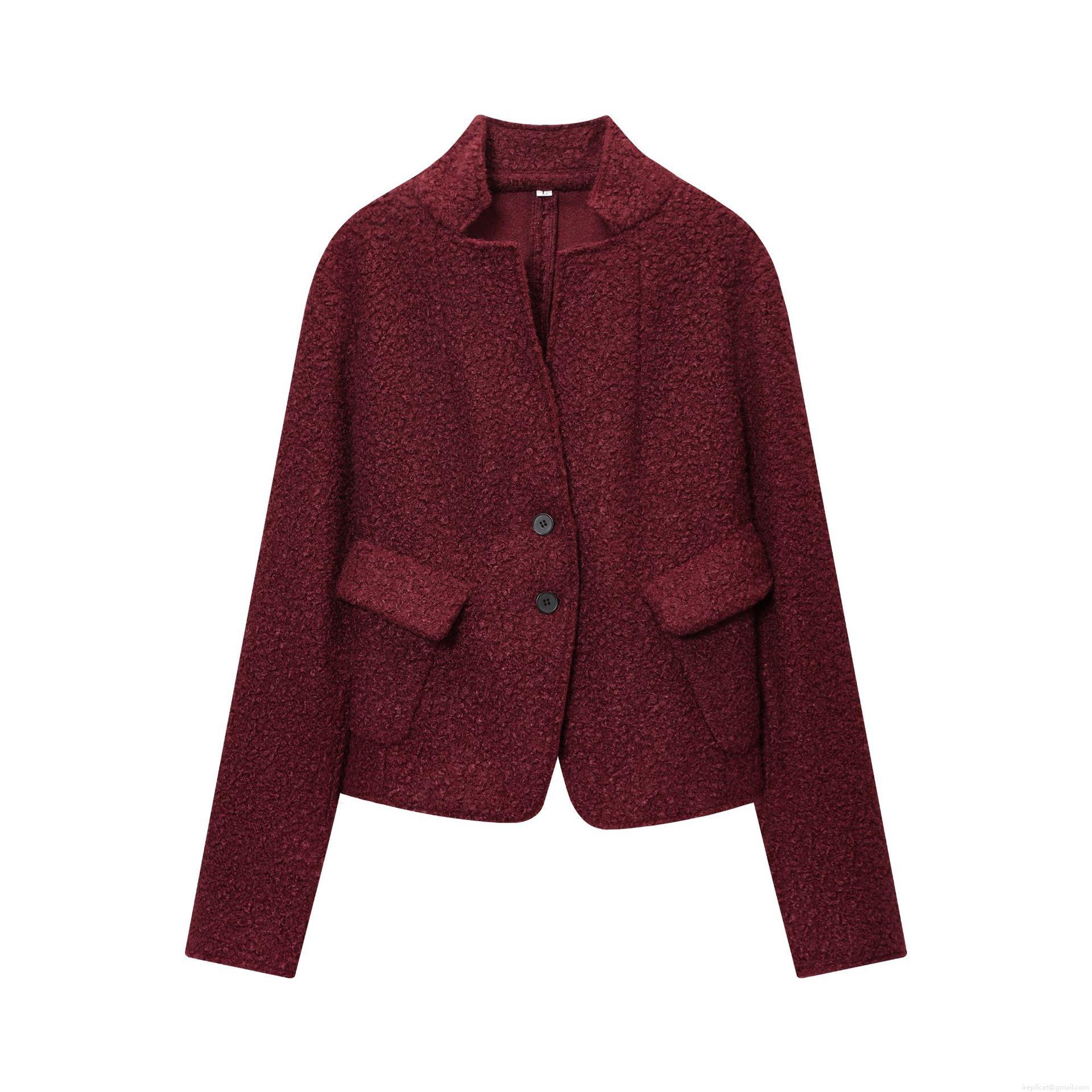 Women's Casual Bouclé Jacket Solid Wine Red Stand Collar Long Sleeve Coat With Pockets Single Breasted Polyester Outerwear For Autumn Winter