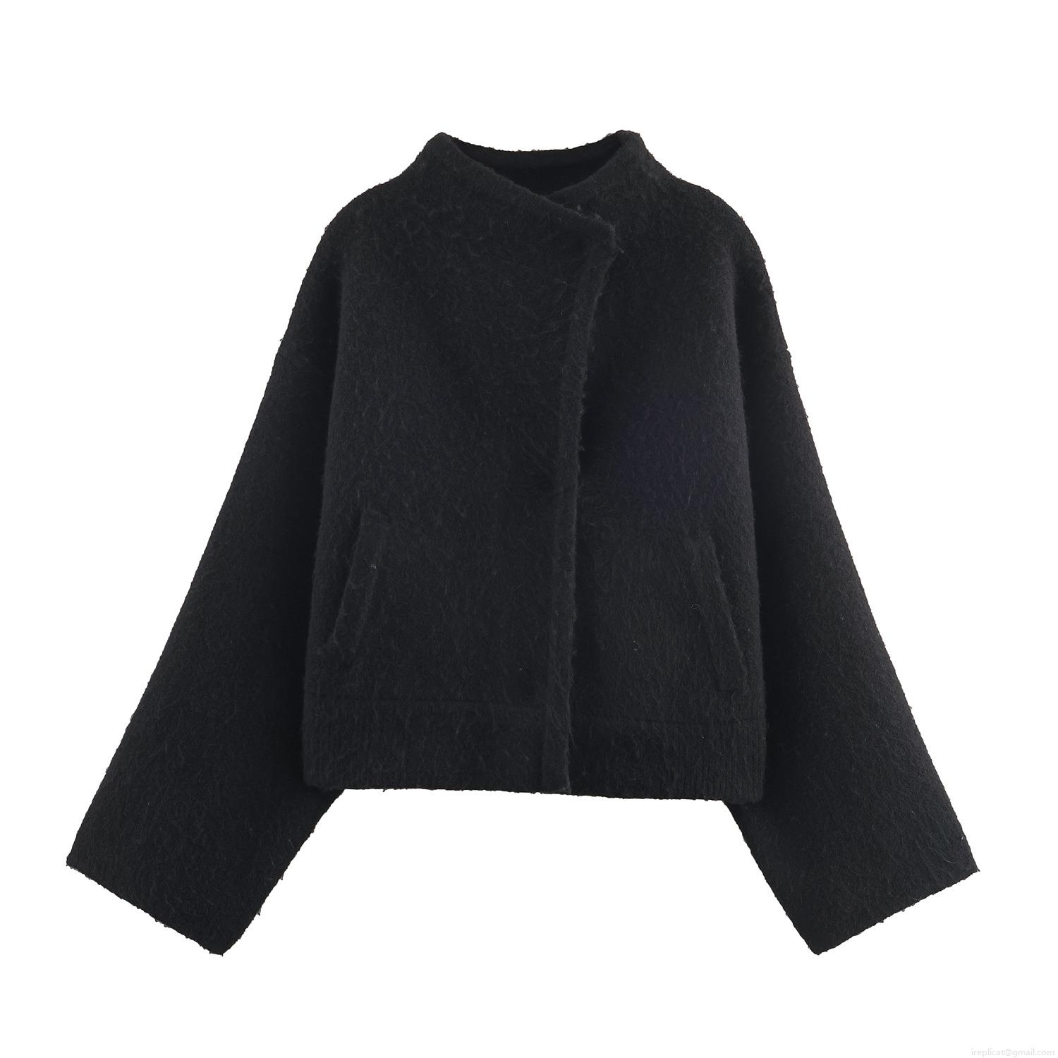 Women's Solid Stand Collar Long Sleeve Single Breasted Knit Jacket Autumn Winter Casual Wool-Like Outerwear Coat Fashion Streetwear