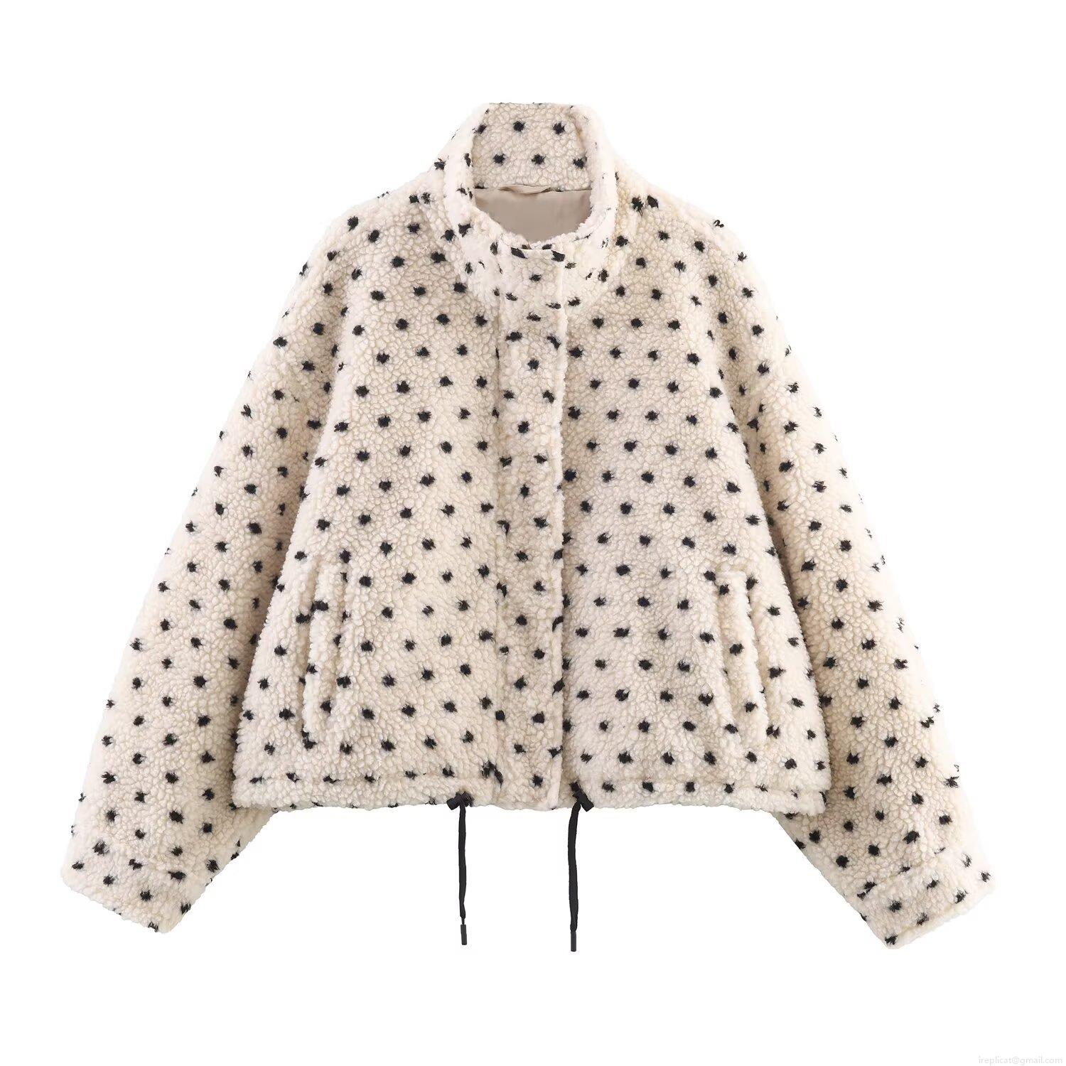 Women Fashion Polka Dot Fleece Jacket Stand Collar Lamb Wool Texture Zipper Up Loose Cropped Outerwear Warm Winter Coat Drawstring Hem For Women Daily Wear