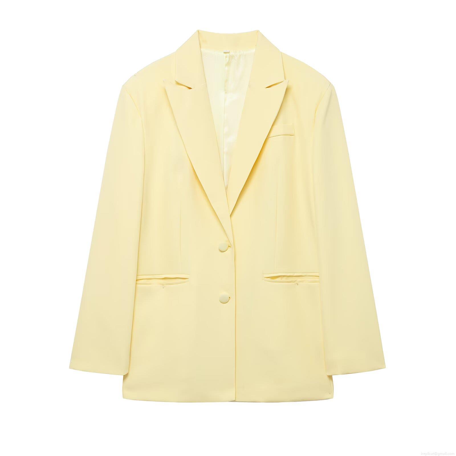 Women's Elegant Loose Fit Pale Yellow Blazer Jacket 100% Polyester Long Sleeve Single Breasted Notch Lapel Solid Color Casual Office Outerwear For Lady