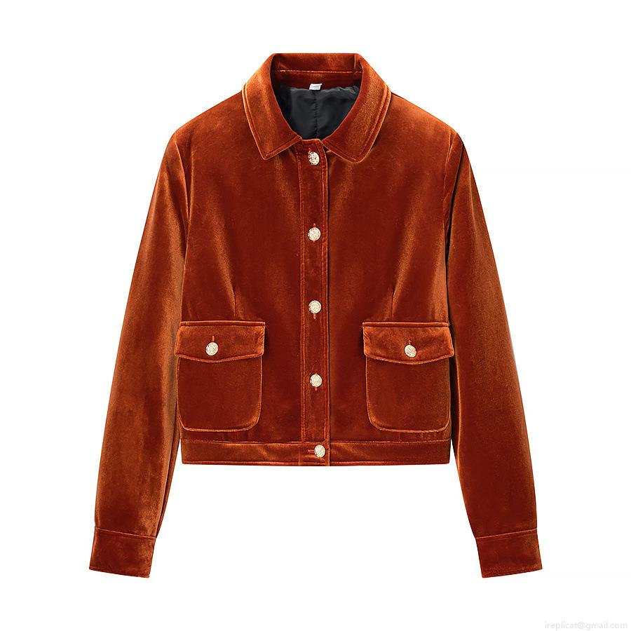 Women's Velvet Short Jacket Fashion Lapel Long Sleeve Coat With Gold Buttons And Pockets Casual Loose Outerwear For Ladies Spring Autumn