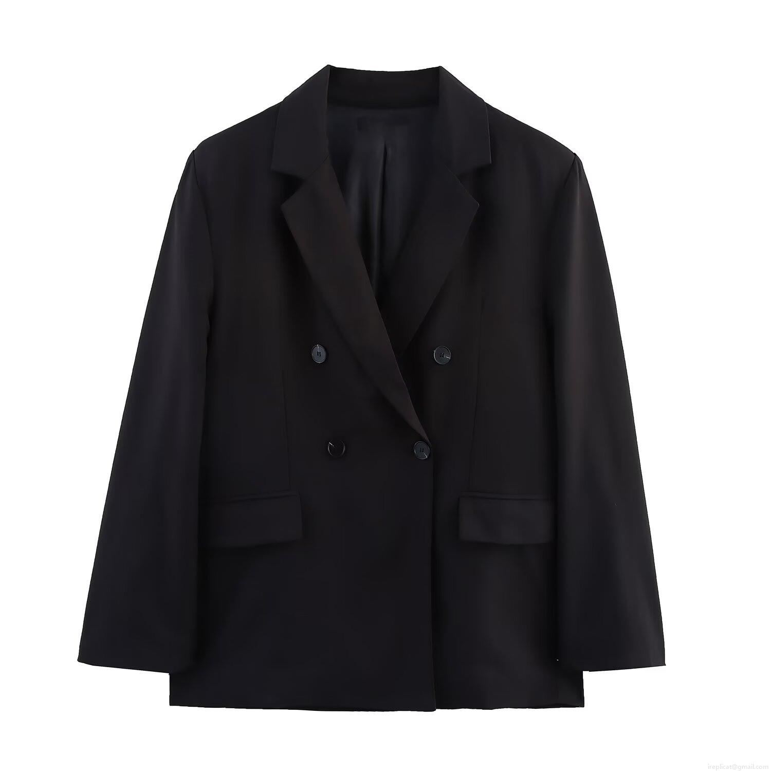 Women's Elegant Oversized Blazer Jacket Casual Double Breasted Padded Shoulder Suit Coat Office Commuting Polyester Outwear Top