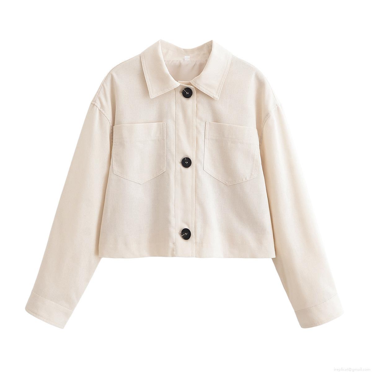 Women's Casual Linen Texture Short Jacket Loose Fit Long Sleeve Turn-down Collar Button Up Outwear With Pockets Solid Color Summer Fashion Top