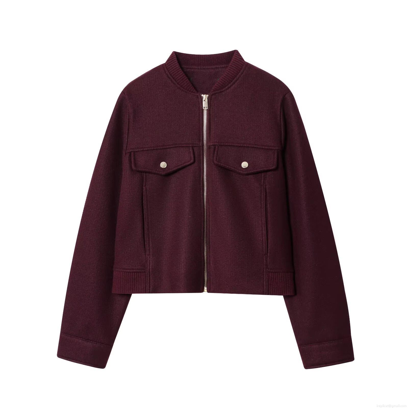 Women's Casual Wine Red Short Jacket Coat 100% Polyester Loose Fit Zip-Up Outerwear With Pockets Stand Collar Ribbed Trim For Autumn Winter