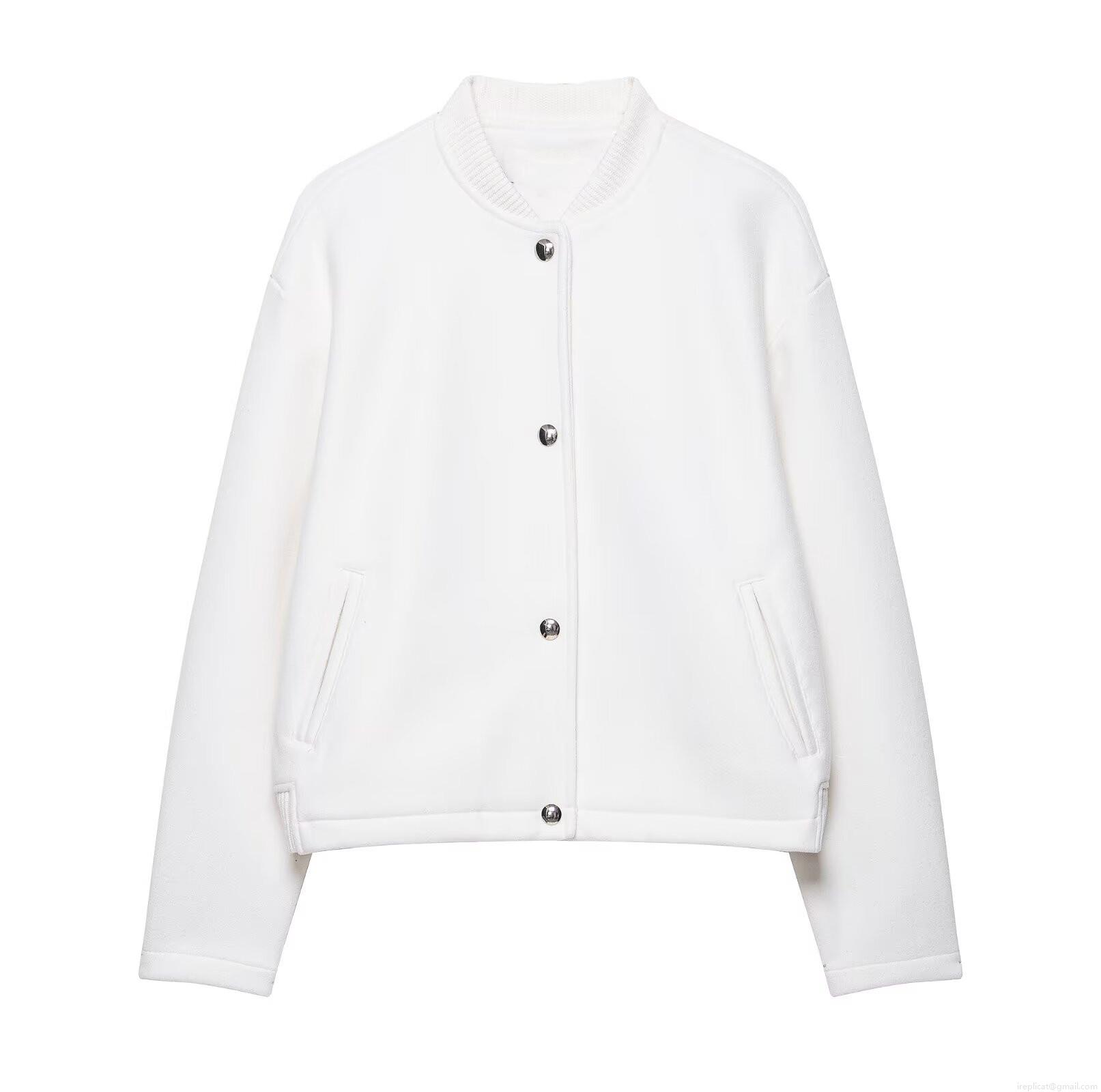 Women's Casual White Bomber Jacket Soft Woolen Texture Outerwear With Metal Buttons Ribbed Trim Long Sleeve Fashion Flight Coat For Autumn Winter