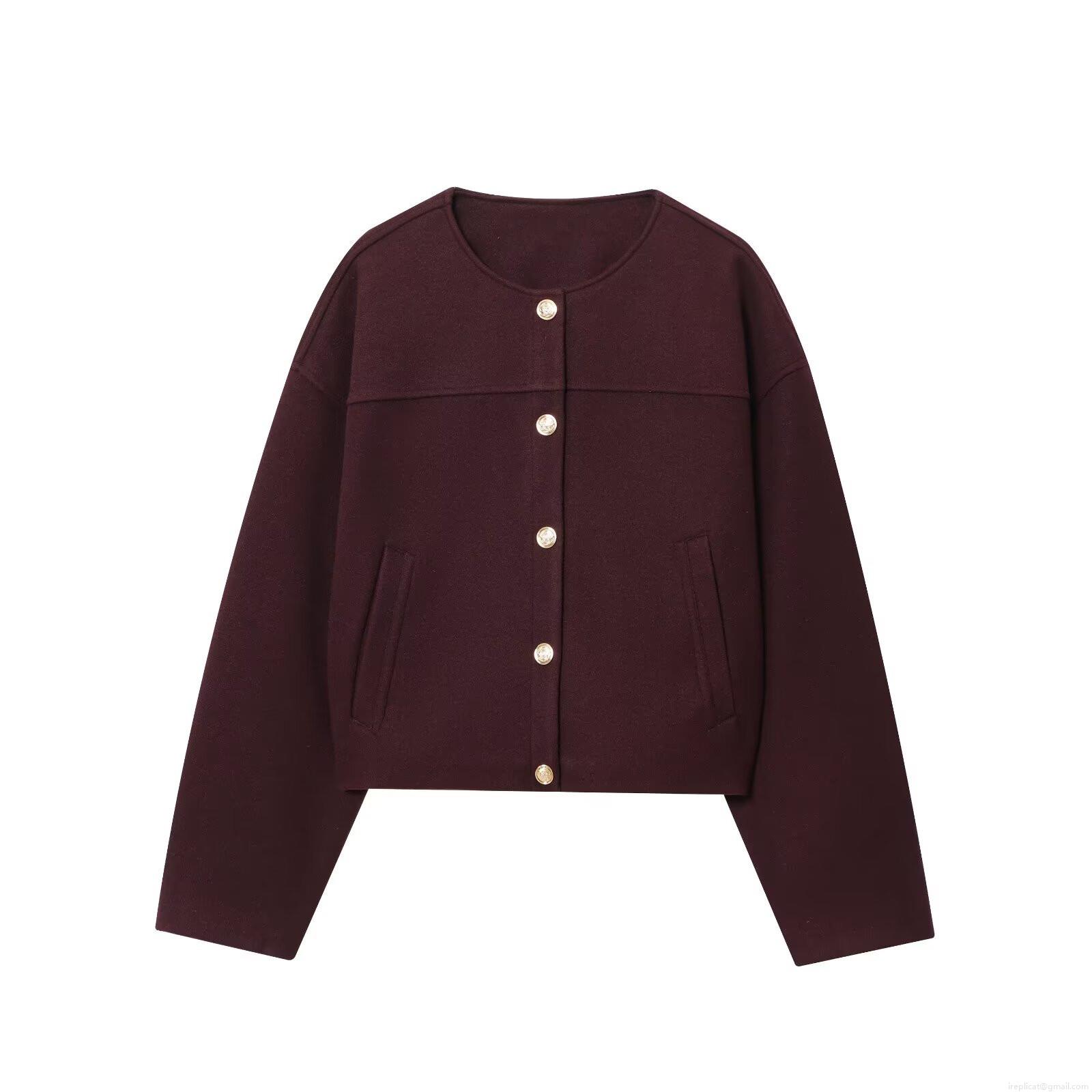 Women's Fashion Round Neck Short Jacket Elegant Wine Red Faux Wool Coat With Gold Lion Buttons Long Sleeve Solid Color Casual Outerwear For Fall Women