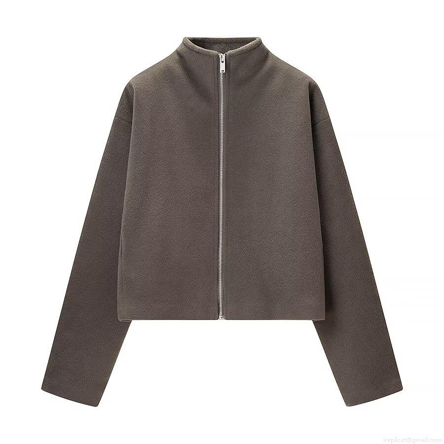 Women's Casual Solid Color Woolen Jacket Coat Stand Collar Long Sleeve Full Zipper Loose Fleece Outwear For Autumn Winter