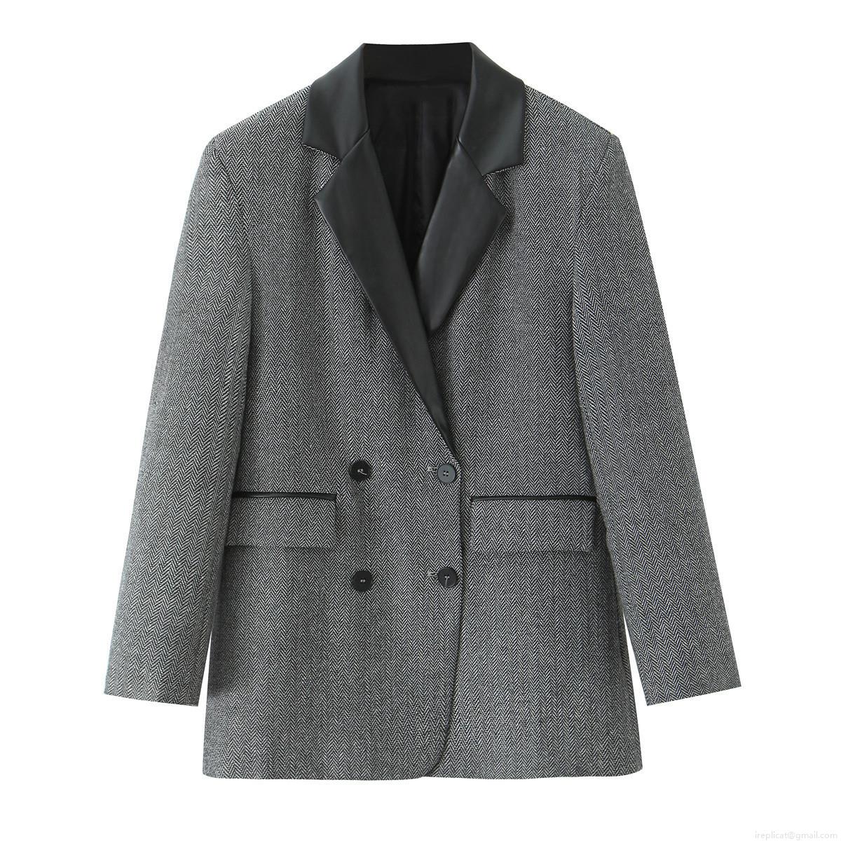 Women Elegant Herringbone Blazer Jacket With PU Leather Patchwork Lapel Collar Double Breasted Long Sleeve Loose Fit Casual Outerwear For Office Lady