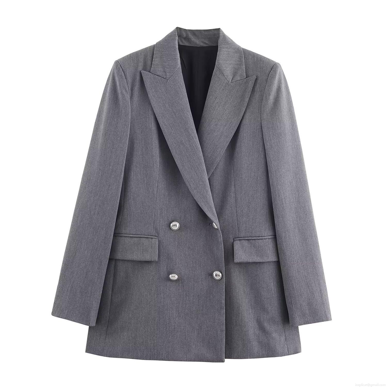 Women's Slim Fit Double Breasted Blazer Jacket Grey Polyester Professional Office Wear Elegant Autumn Suit Outerwear