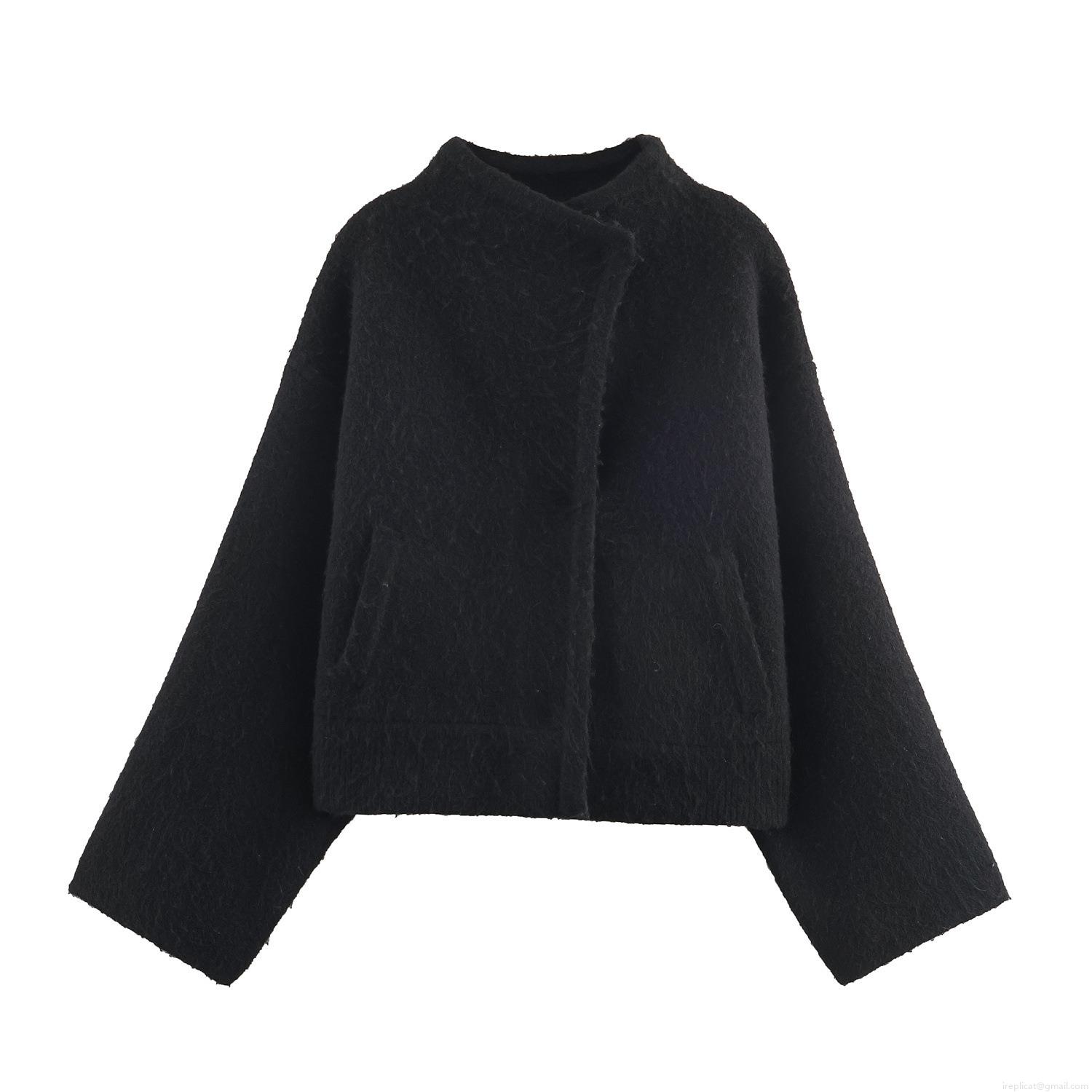 Women's Short Wool Blend Cape Jacket Elegant Stand Collar Zipper Solid Black Coat Loose Fit Thick Warm Outerwear for Autumn Winter Dating Party Women Fashion