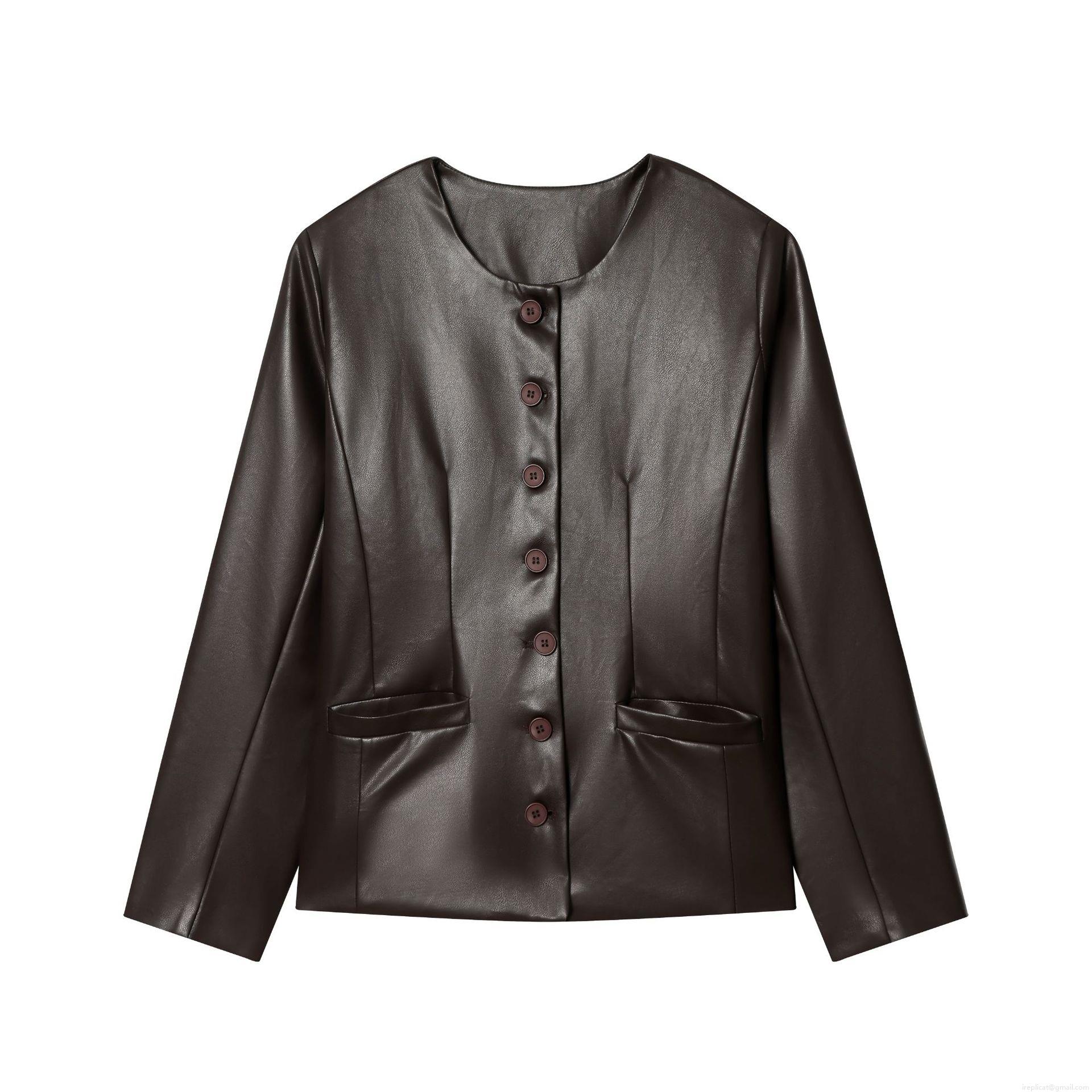 Women's French Vintage Faux Leather Round Neck Single Breasted Jacket Solid Chestnut Long Sleeve Casual Outwear with Pockets Autumn Winter Chic Fashion Coat