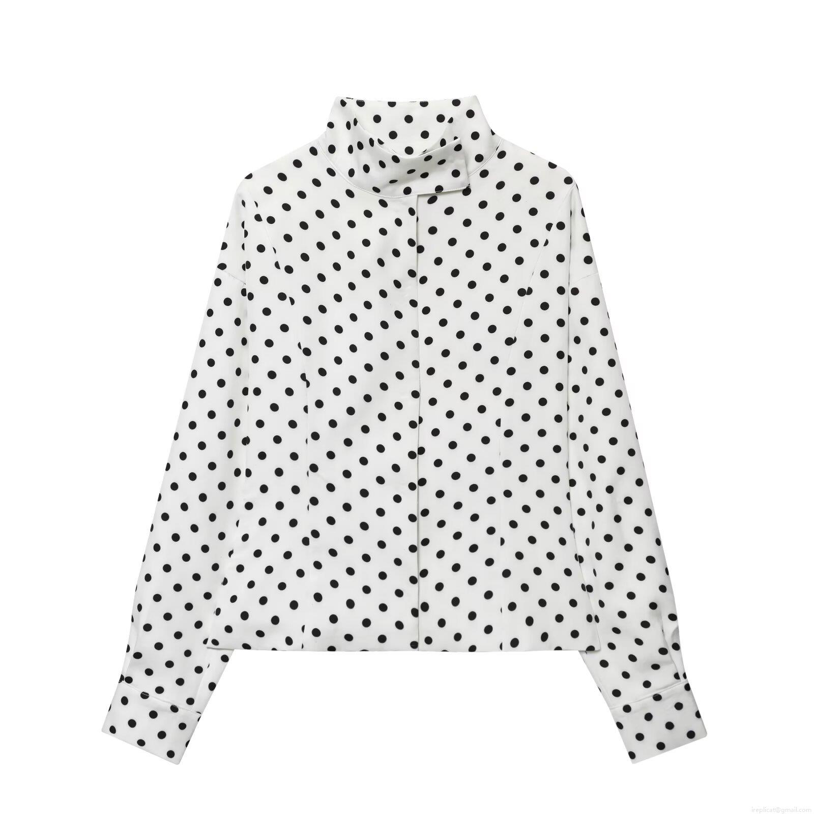 Women's Polka Dot Stand Collar Jacket Vintage Polyester Spandex Long Sleeve Button Up Slim Fit Casual Outerwear Top For Daily Office Autumn Ladies