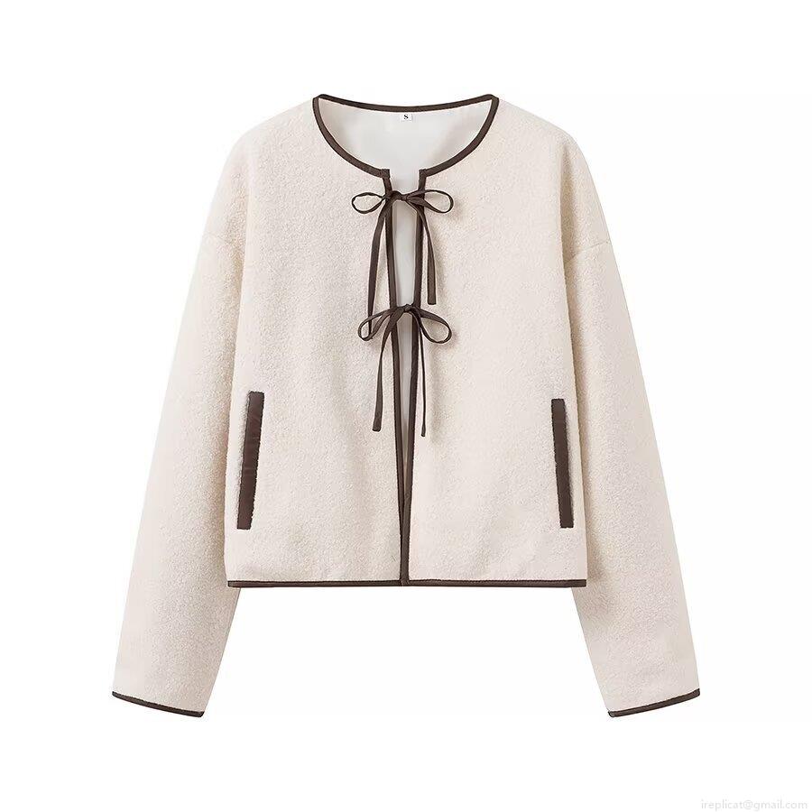 Women Sweet Faux Lamb Wool Jacket Contrast Piping Tie Front Bow Short Coat Loose Long Sleeve Casual Outerwear Autumn Winter Warm Plush Cardigan Top For Women
