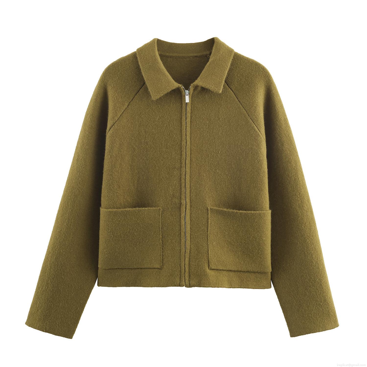 Women's Knit Jacket Polyester Zip Up Turn-down Collar Solid Color Long Sleeve Casual Coat Outwear With Pockets For Women Daily Streetwear Autumn Winter Olive Green