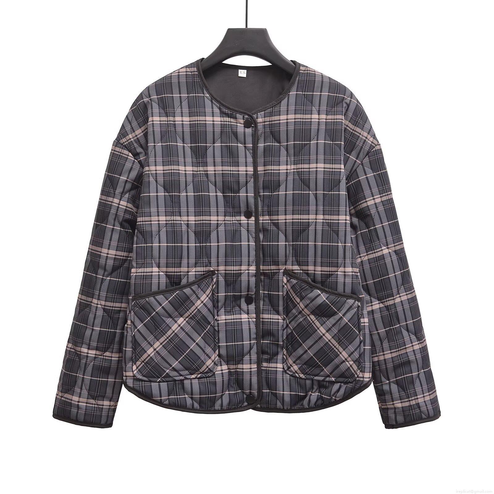 Women's French Retro Plaid Quilted Jacket Fashion Round Neck Long Sleeve Single Breasted Polyester Padded Coat For Winter Casual Streetwear