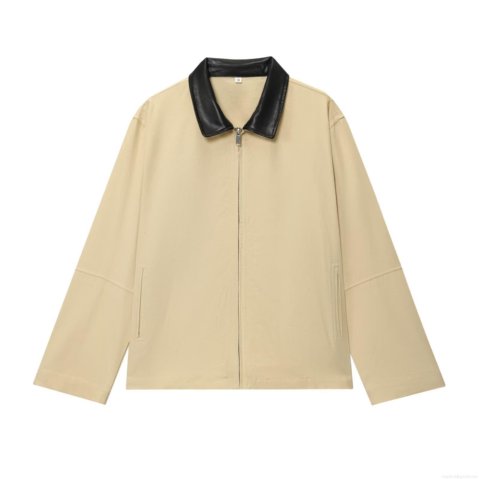 Women's Casual Canvas Jacket With Faux Leather Collar Splicing Contrast Color Zipper Front Long Sleeve Outwear For Autumn Daily Wear Lady