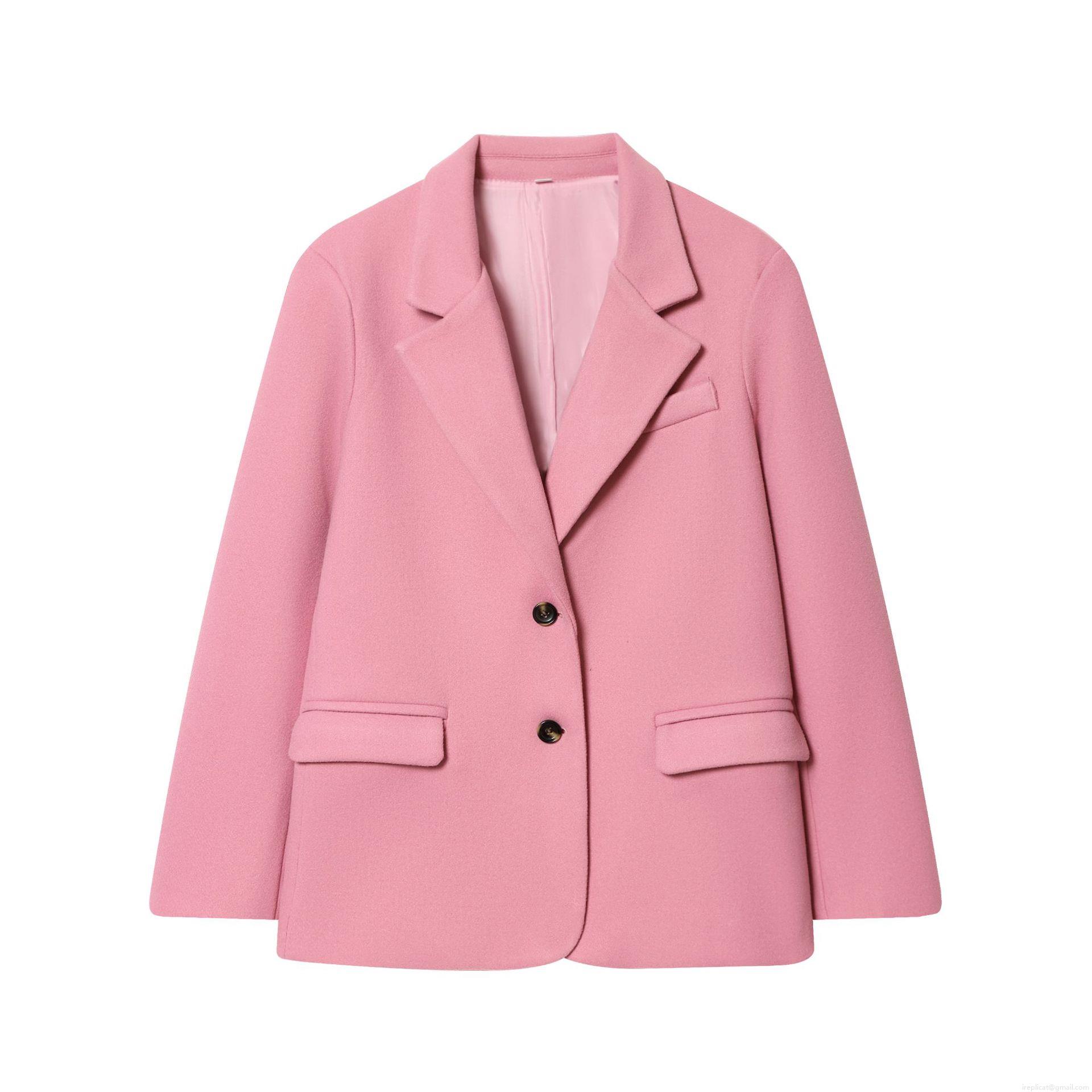 Women's Elegant Pink Mid-length Blazer Coat Single Breasted Polyester Woolen Look Suit Jacket For Casual Office Lady Solid Color Outerwear