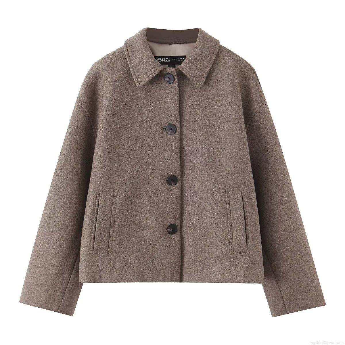 Women Fashion Camel Polyester Wool Like Short Coat Single Breasted Notch Lapel Loose Fit Solid Color Casual Autumn Winter Outerwear Jacket