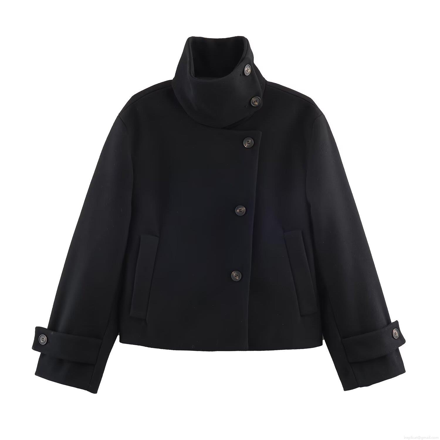 Women's Stand Collar Short Woolen Coat Casual Solid Color Long Sleeve Jacket Elegant Fashion Outerwear For Ladies Winter Autumn Daily Wear