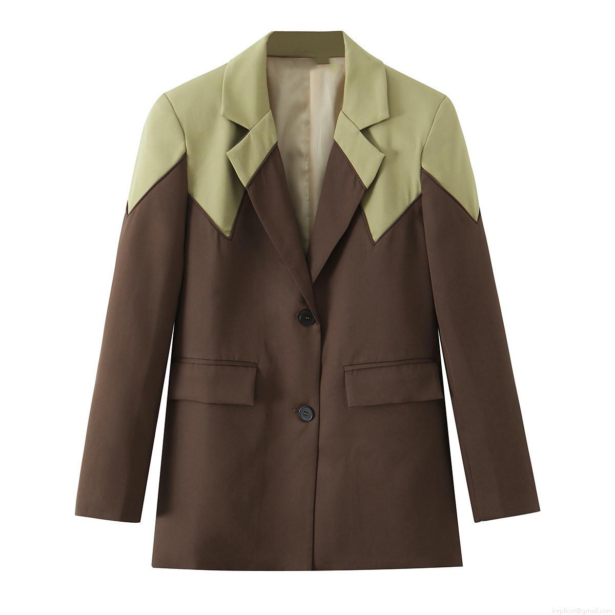 Women's Color-Block Blazer Jacket Notch Lapel Long Sleeve Single Breasted Suit Coat For Office Commuter Elegant Lady Polyester Viscose Blend Patchwork Outerwear Brown Olive Green
