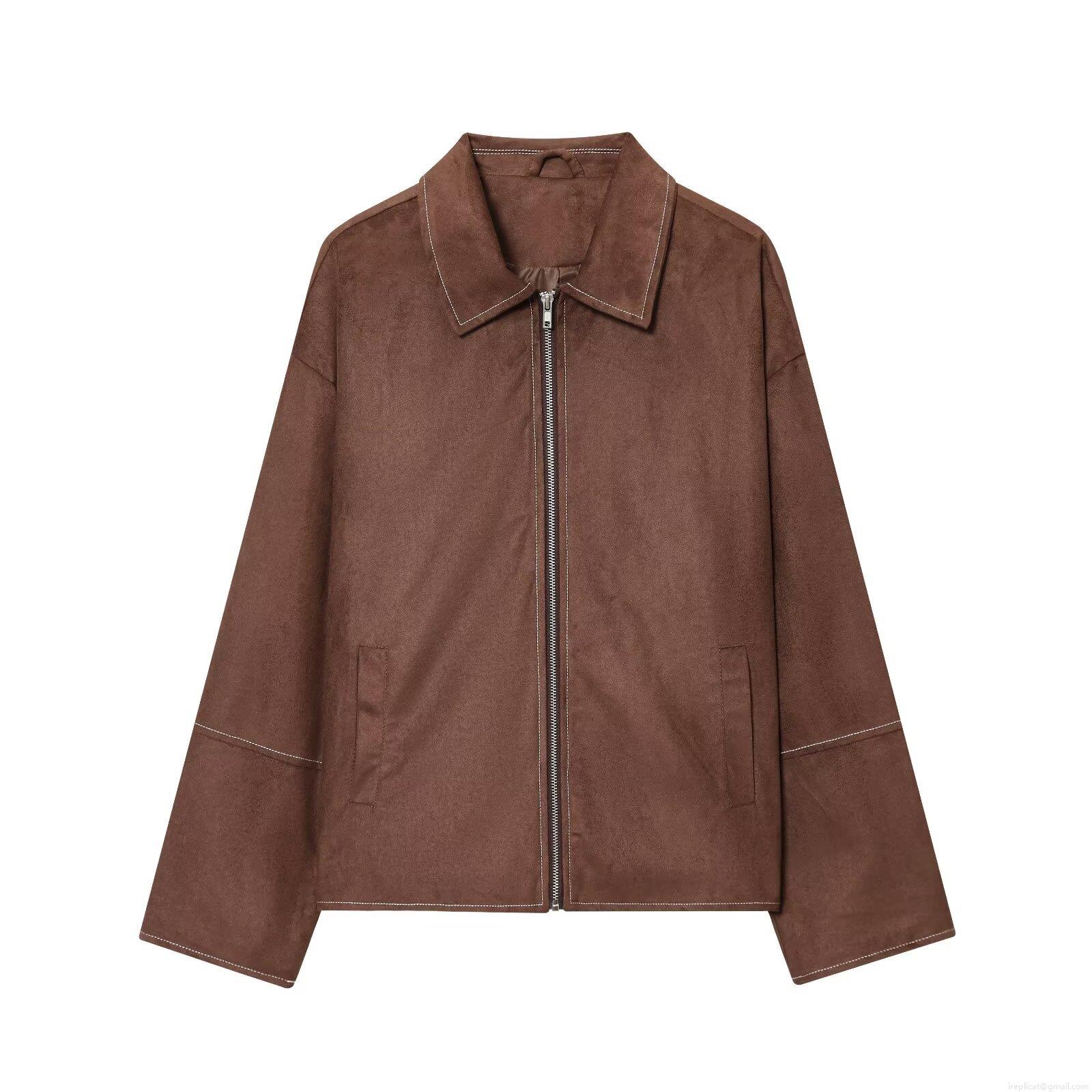 Women's Minimalist Suede Jacket Casual Lapel Zip Up Outerwear Loose Fit Long Sleeve Coat With Pockets Solid Color Brown Autumn Winter