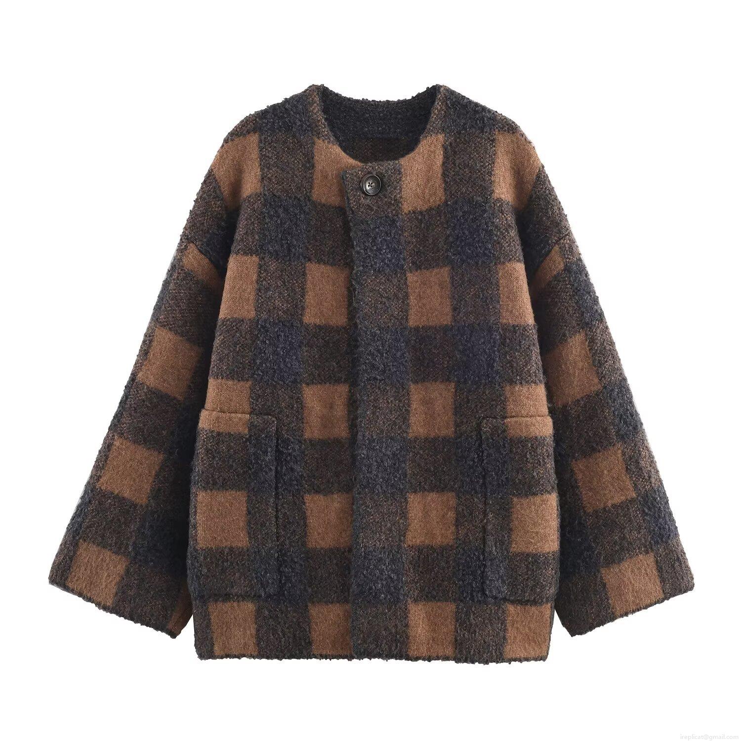 Women's Plaid Knitted Coat Vintage Checkered Mid-Length Jacket Single Breasted Plush Outerwear With Pockets For Winter Casual
