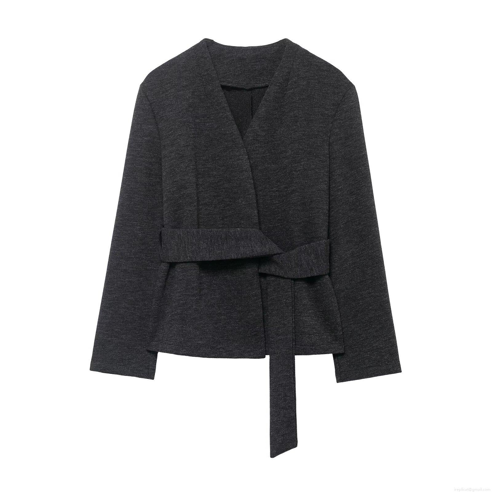 Women's Elegant V-Neck Long Sleeve Knit Coat With Waist Belt Solid Color Dark Grey Polyester Outerwear For Office Daily Fashion Winter Spring