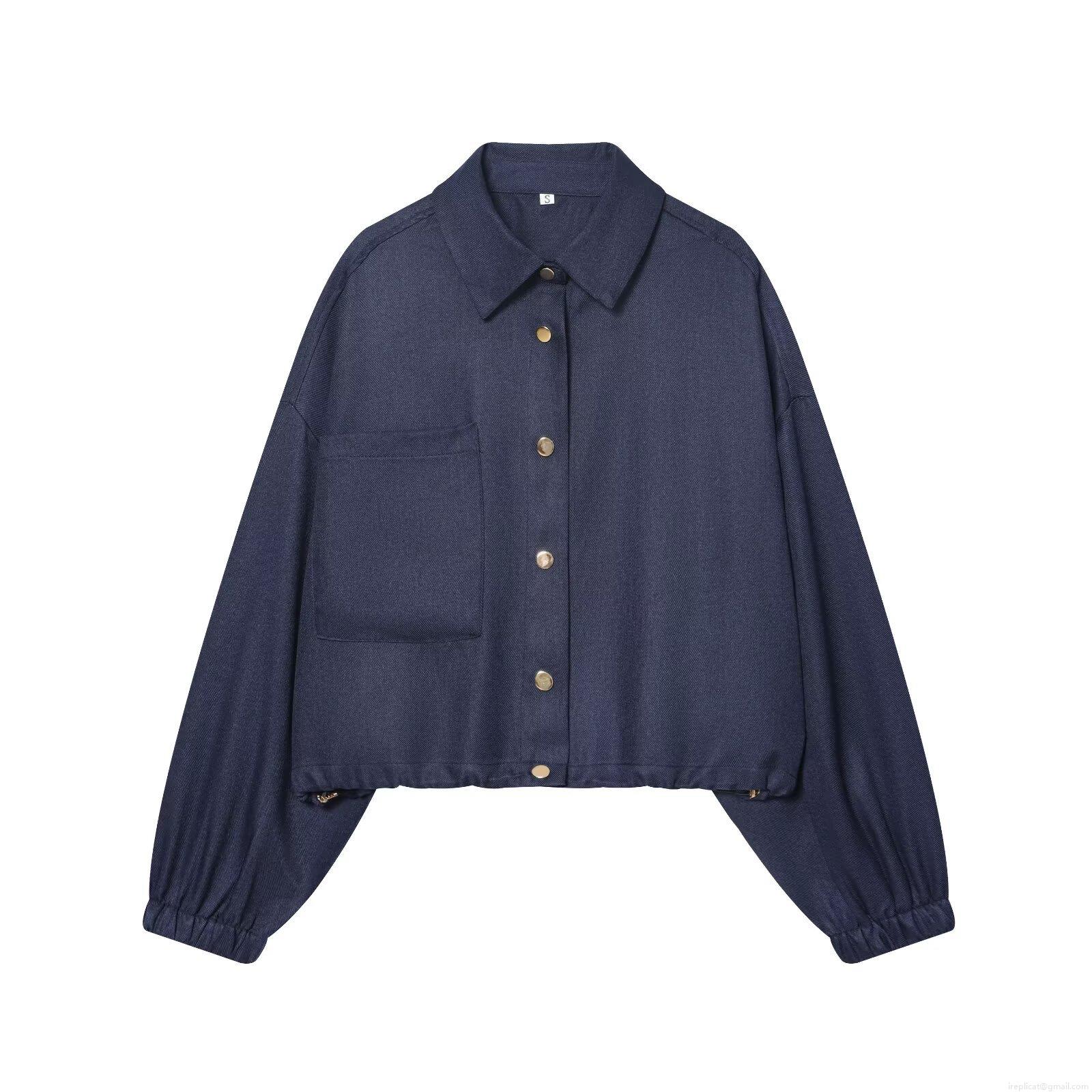 Women Fashion Short Jacket Casual Loose Solid Color Twill Fabric Coat With Gold Metal Buttons Work Utility Pocket Long Sleeve Outwear For Ladies Daily