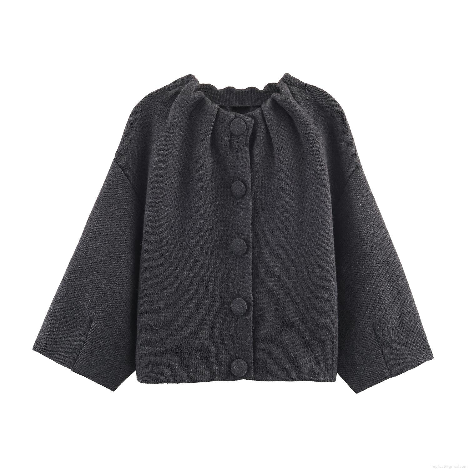 Women Knit Jacket Casual Round Neck Button Front Sweater Coat Polyester Spandex Blend Long Sleeve Outerwear Dark Grey Loose Fit Winter Knit Cardigan