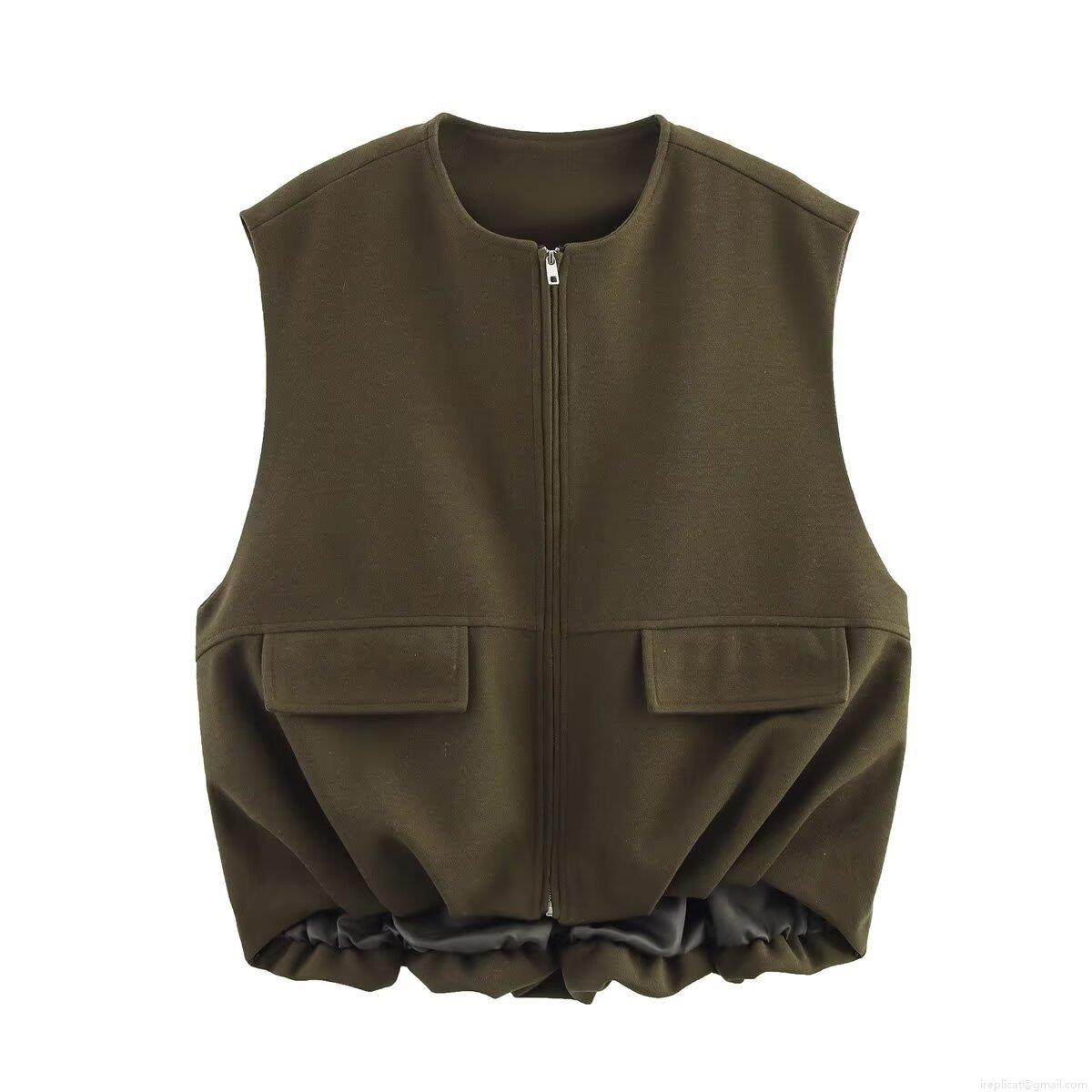 Women's Casual Zipper Vest 100% Polyester Sleeveless Jacket With Flap Pockets Round Neck Loose Waistcoat For Spring Autumn Daily Retro Style Outerwear