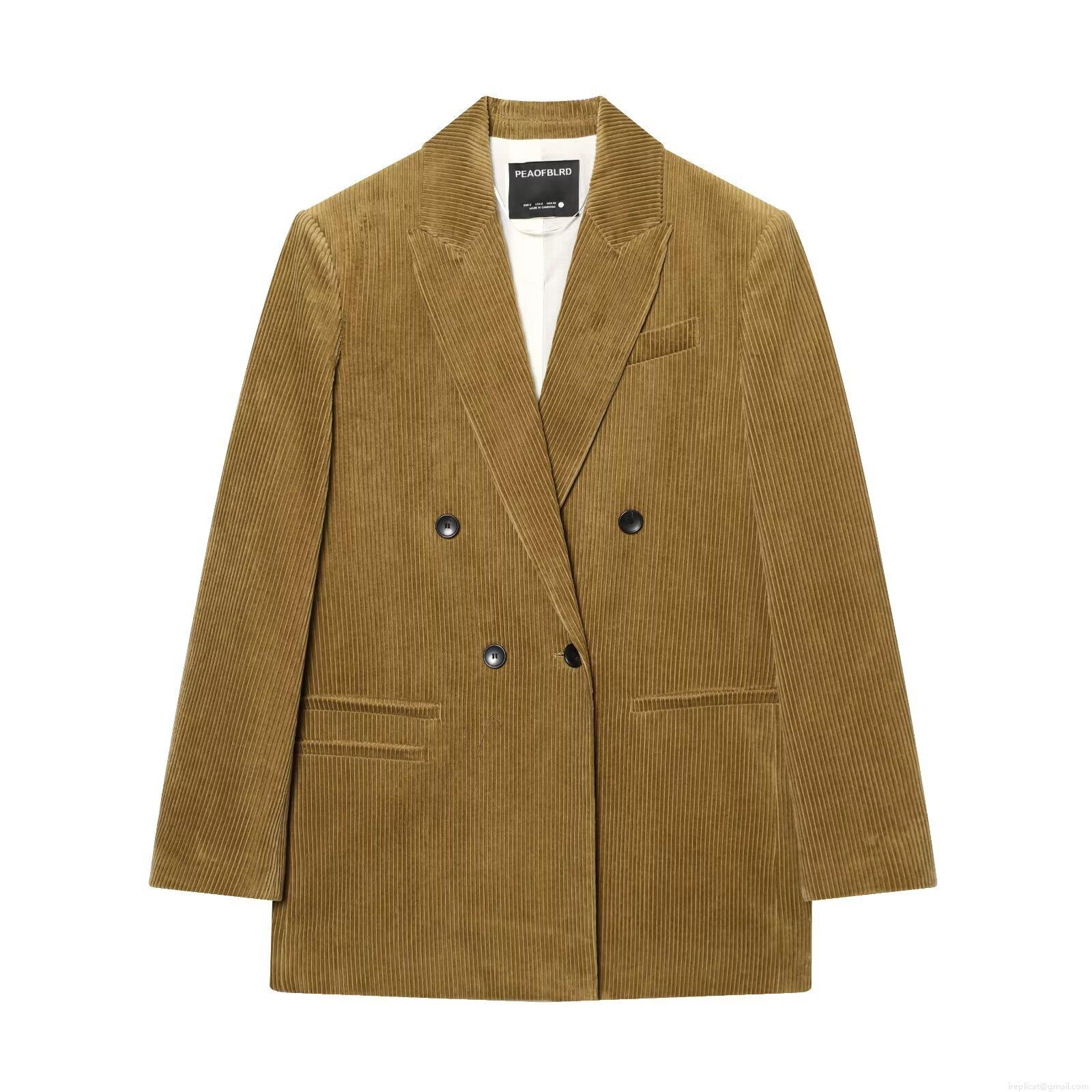 Women's Retro Corduroy Blazer Double Breasted Elegant Solid Color Notched Lapel Casual Long Sleeve Suit Jacket Outerwear Coat