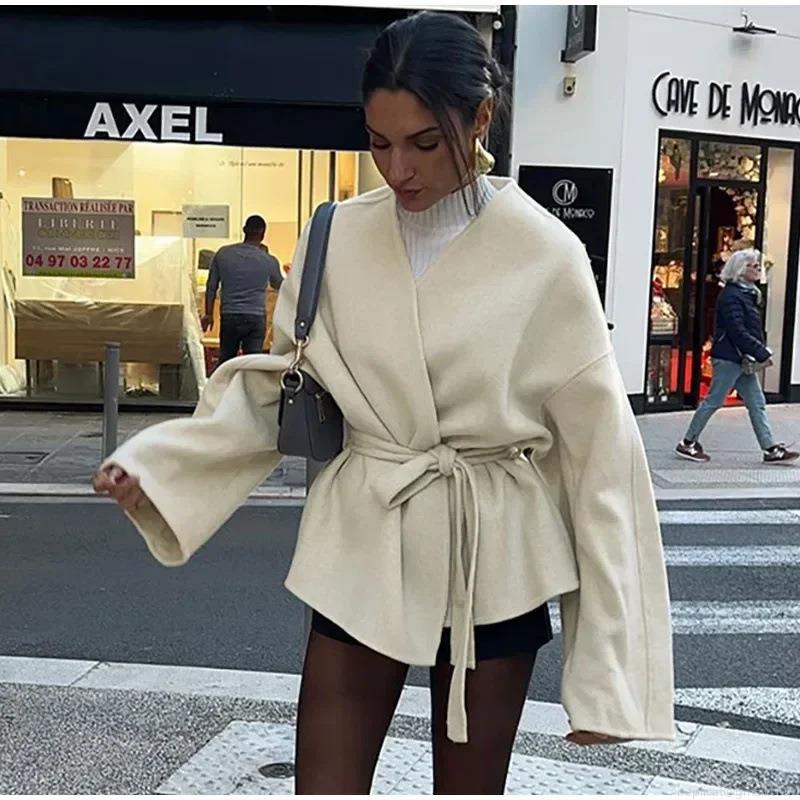 Women's Elegant V-Neck Woolen Look Coat 100% Polyester Loose Fit Long Sleeve Tie-Waist Wrap Jacket Minimalist Outerwear for Fall Winter