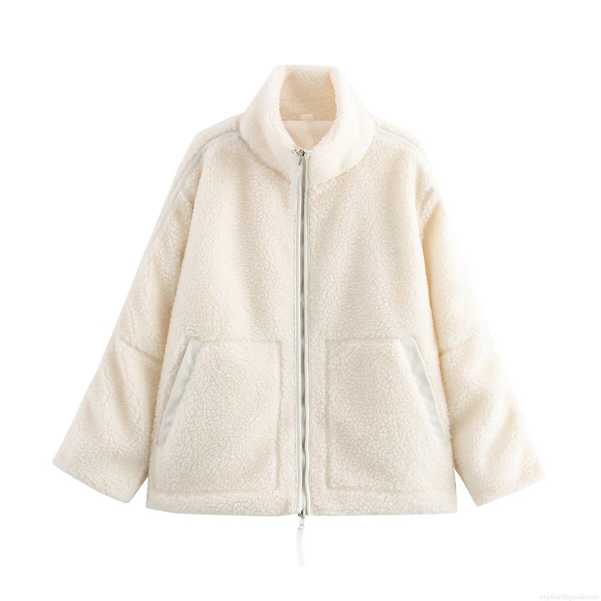 Women's Casual Sherpa Fleece Jacket Warm Solid Color Full Zipper Mock Neck Outerwear With Pockets 100% Polyester Cream White Winter Autumn Coat