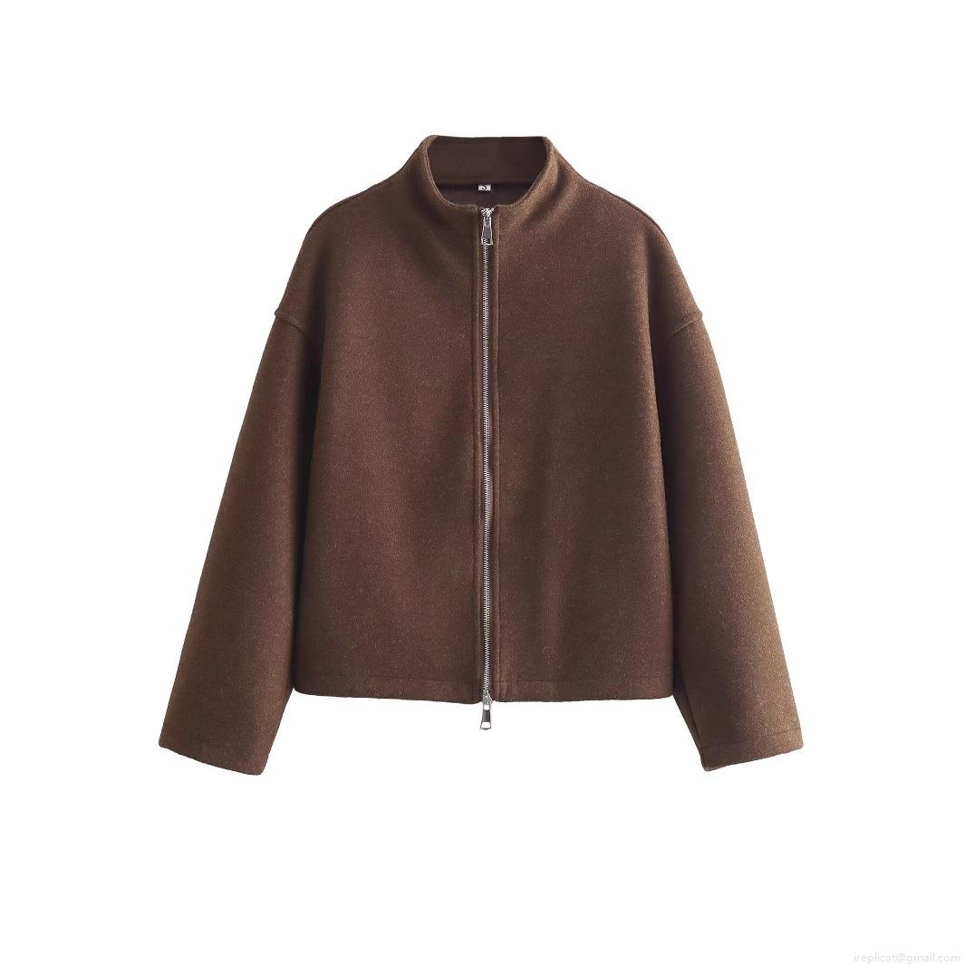 Women's Solid Coffee Brown Woolen-Like Jacket Stand Collar Double Zipper Casual Loose Fit Long Sleeve Outerwear Coat For Women Spring Autumn
